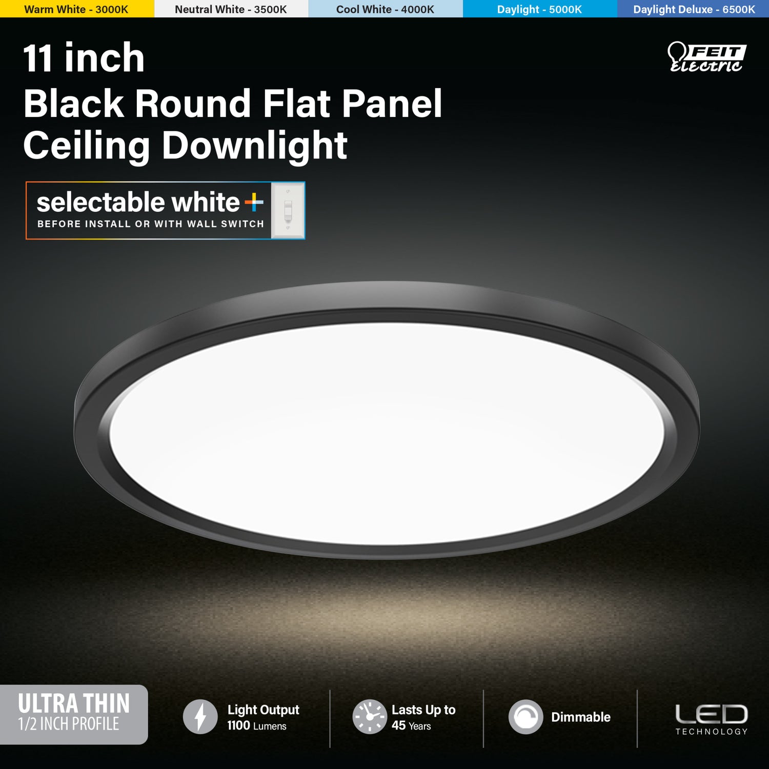 11 in. 13.7W (75W Replacement) Selectable White Round Black LED Flat Panel Ceiling Light (2-Pack)