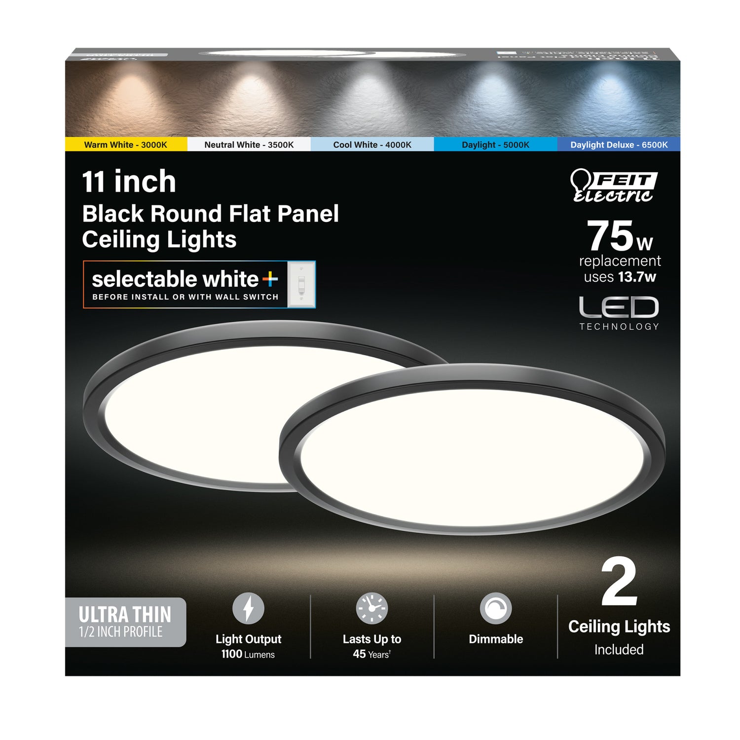 11 in. 13.7W (75W Replacement) Selectable White Round Black LED Flat Panel Ceiling Light with Switch Mode (2-Pack)