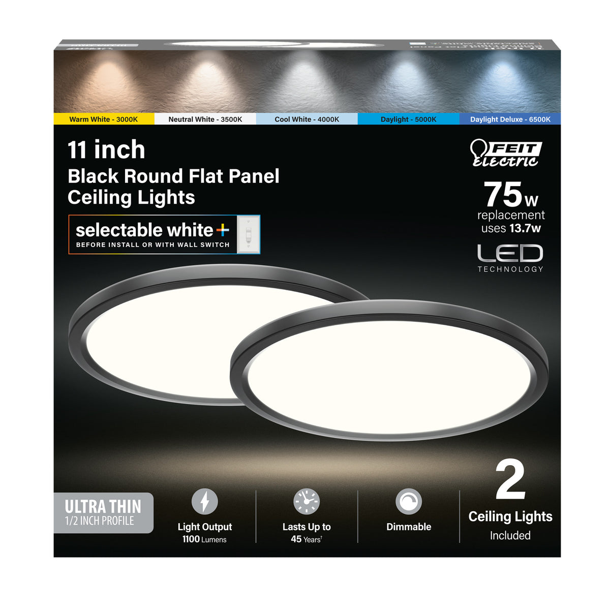 11 in. 13.7W (75W Replacement) Selectable White Round Black LED Flat Panel Ceiling Light with Switch Mode (2-Pack)