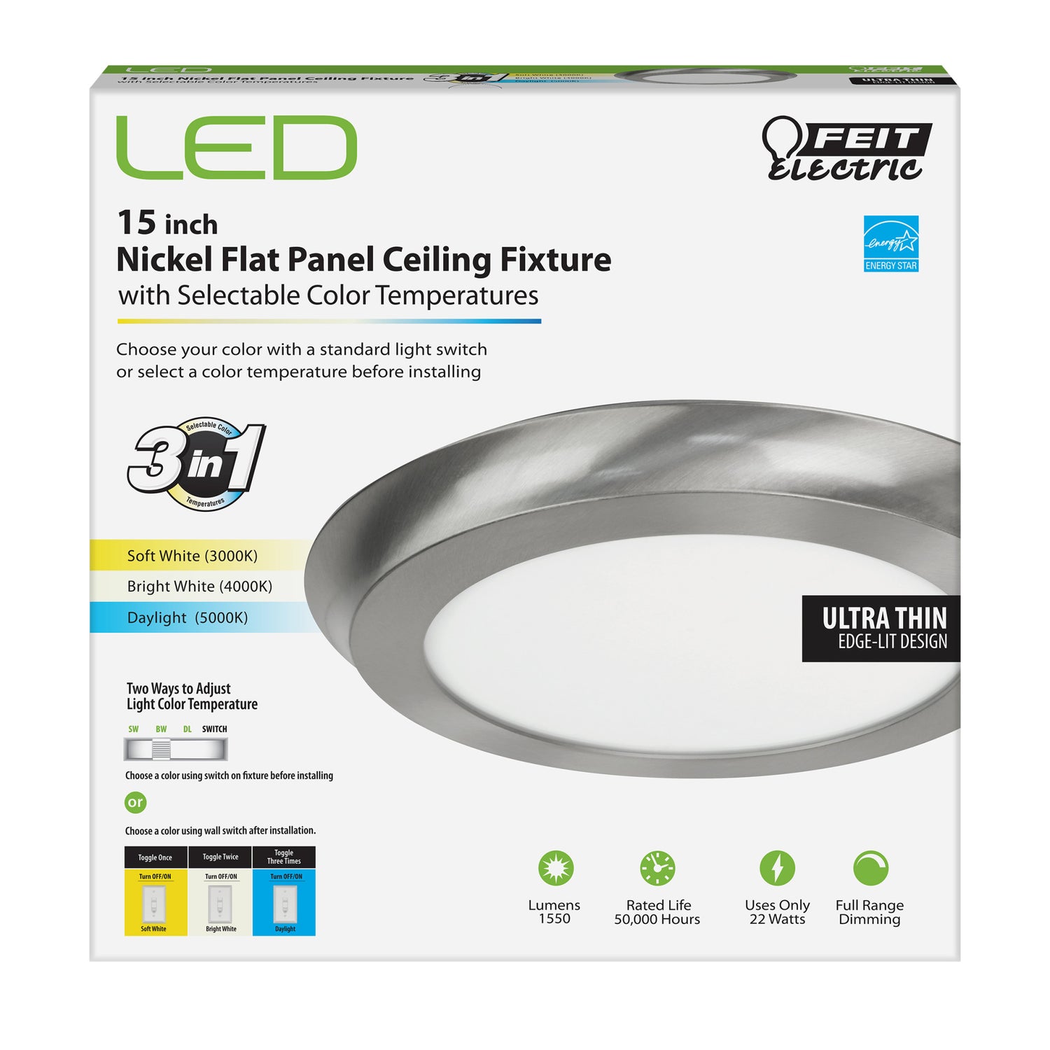 15 in. Round 3-in-1 Selectable White Nickel LED Ceiling Fixture
