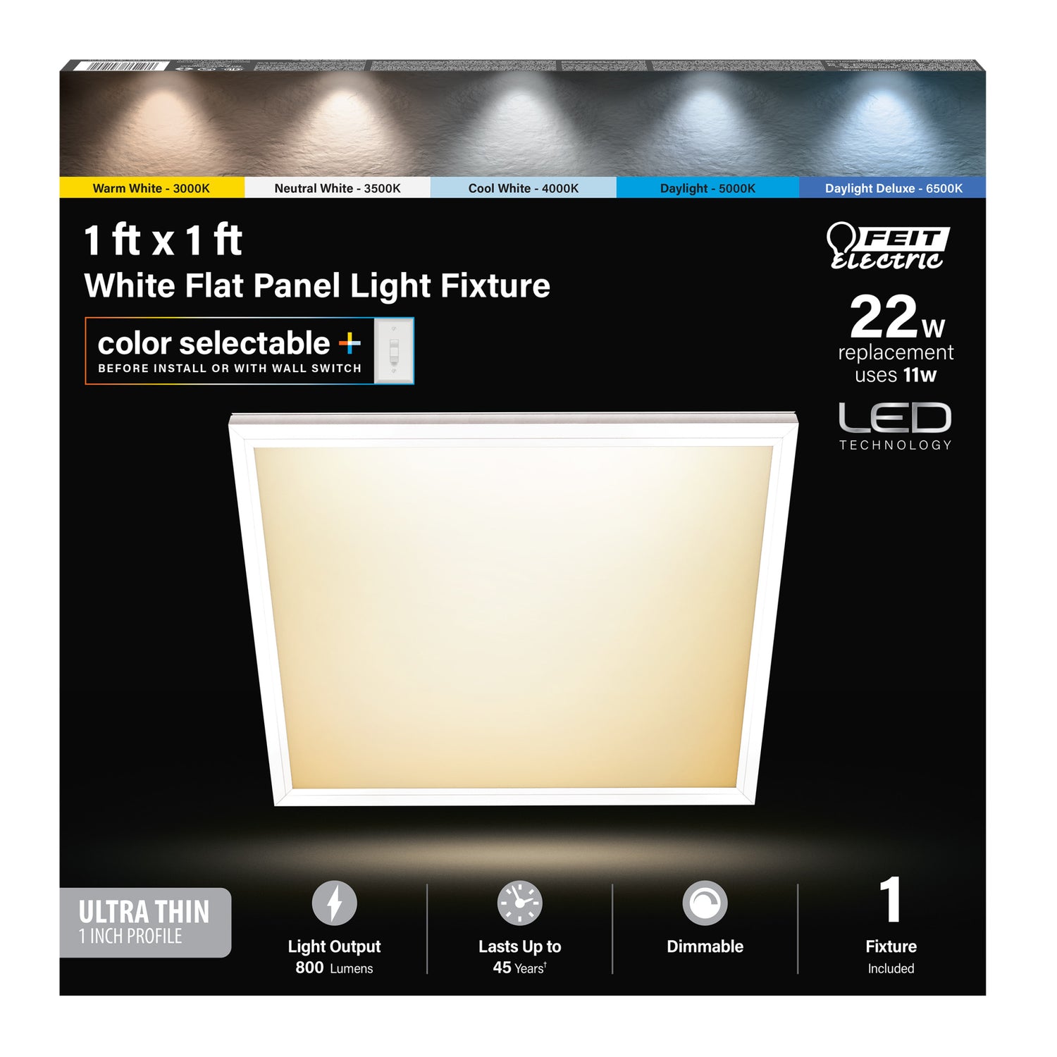 1ft. x 1ft. 11W (22W Replacement) Color Selectable (5CCT) White Square Flat Panel Light Fixture with Switch Mode