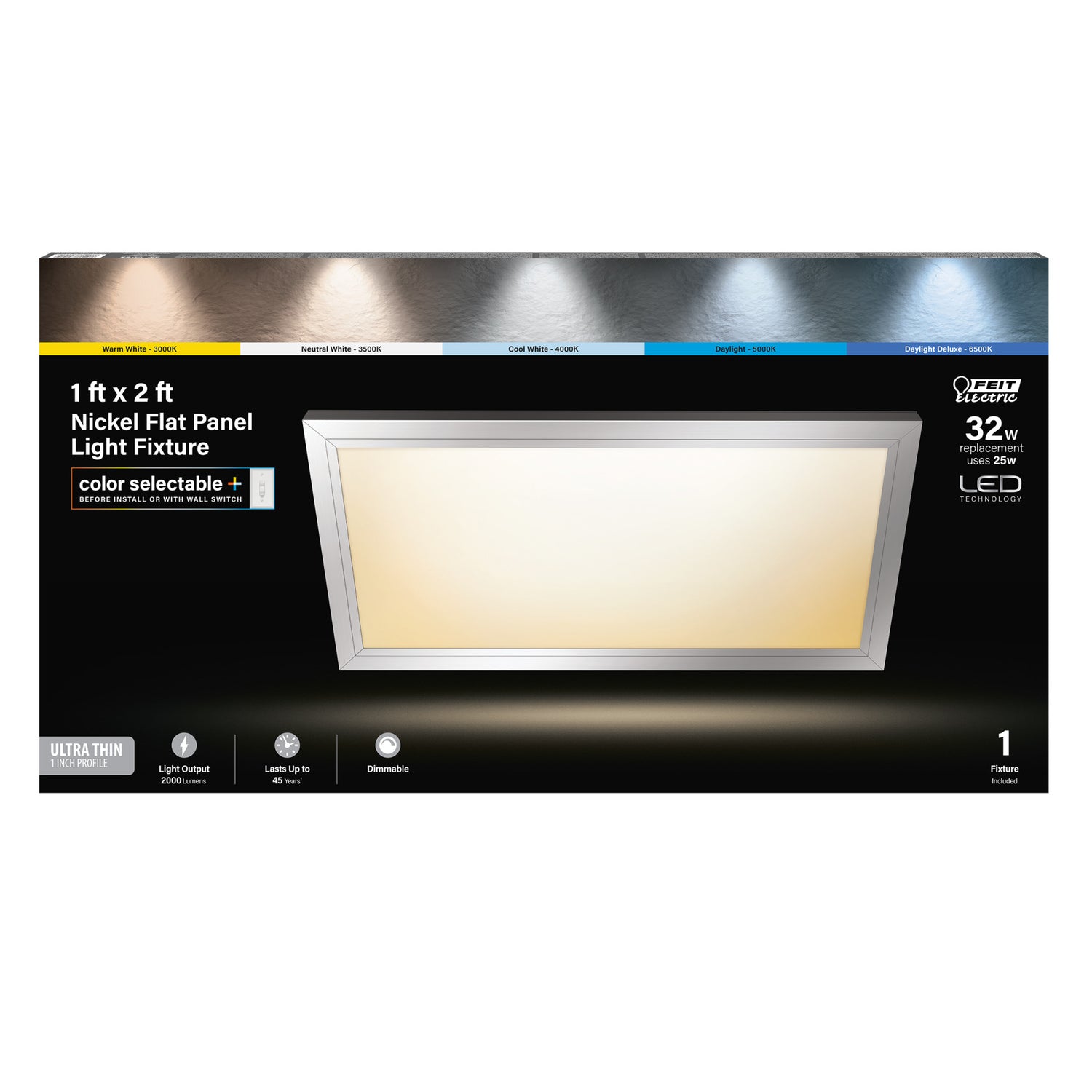 1 ft. x 2 ft. 25W (32W Replacement) Color Selectable (5CCT) Nickel Flat Panel Light Fixture with Switch Mode