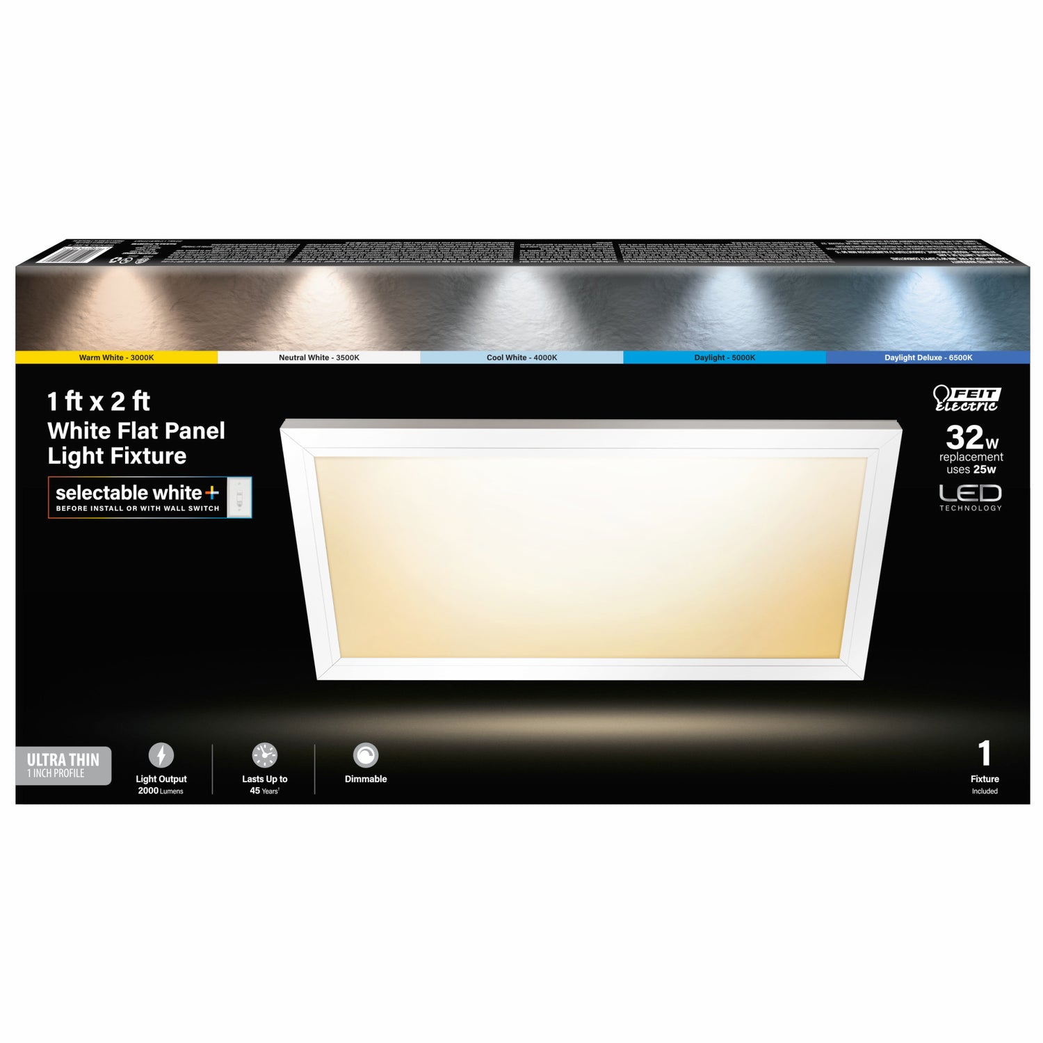 1 ft. x 2 ft. 25W Selectable White  Dimmable White Integrated LED Edge-Lit Flat Panel Flush Mount Light with Switch Mode