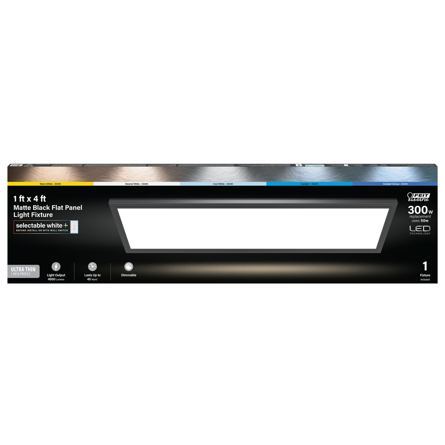 1 ft. x 4 ft. 50W (300W Replacement) Selectable White Matte Black Flat Panel LED Light Fixture with Switch Mode