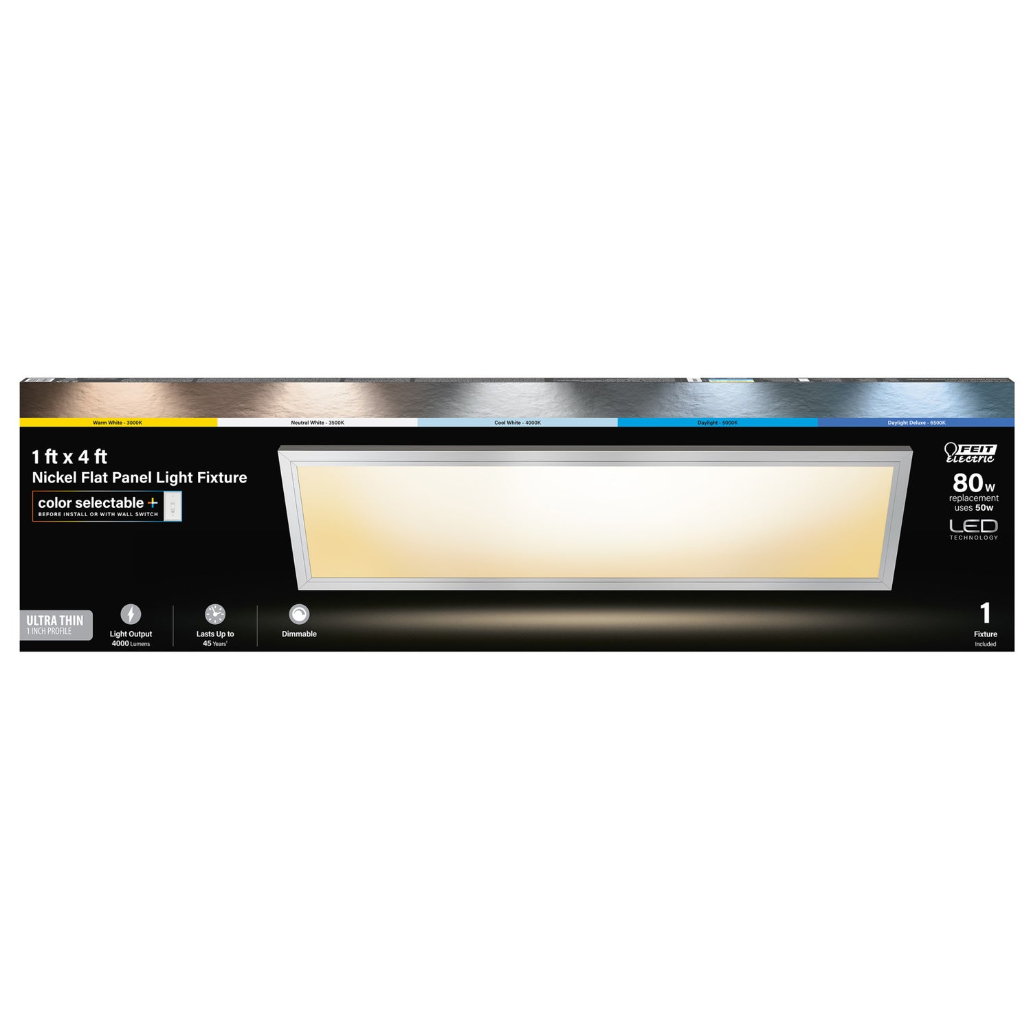 1 ft. x 4 ft. 50W (80W Replacement) Color Selectable (5CCT) Dimmable Nickel Flat Panel LED Light Fixture