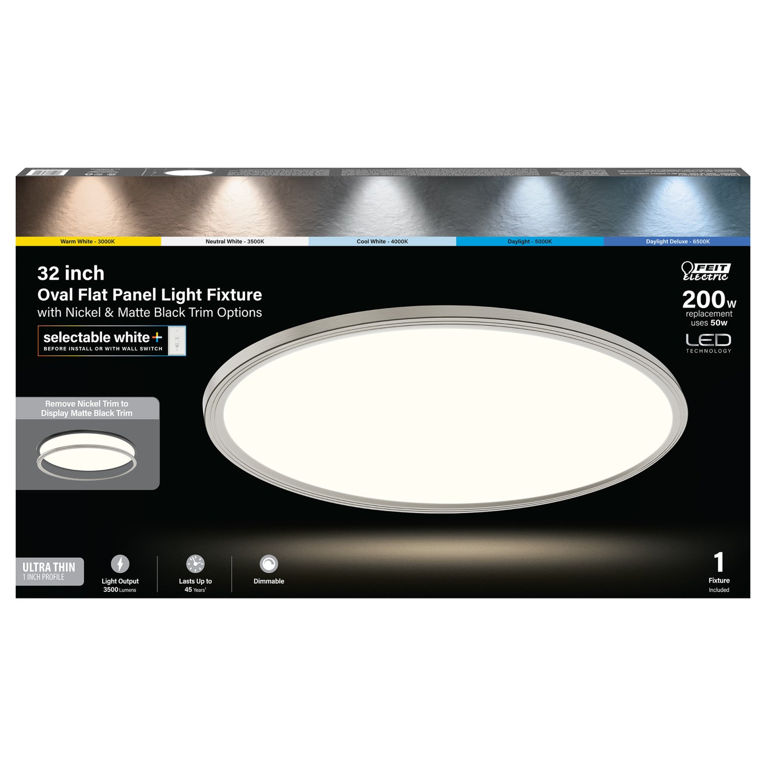 32 in. 50W 6-Way Selectable White Oval Nickel and Matte Black Edge-lit Flat Panel Ceiling Light with Switch Mode