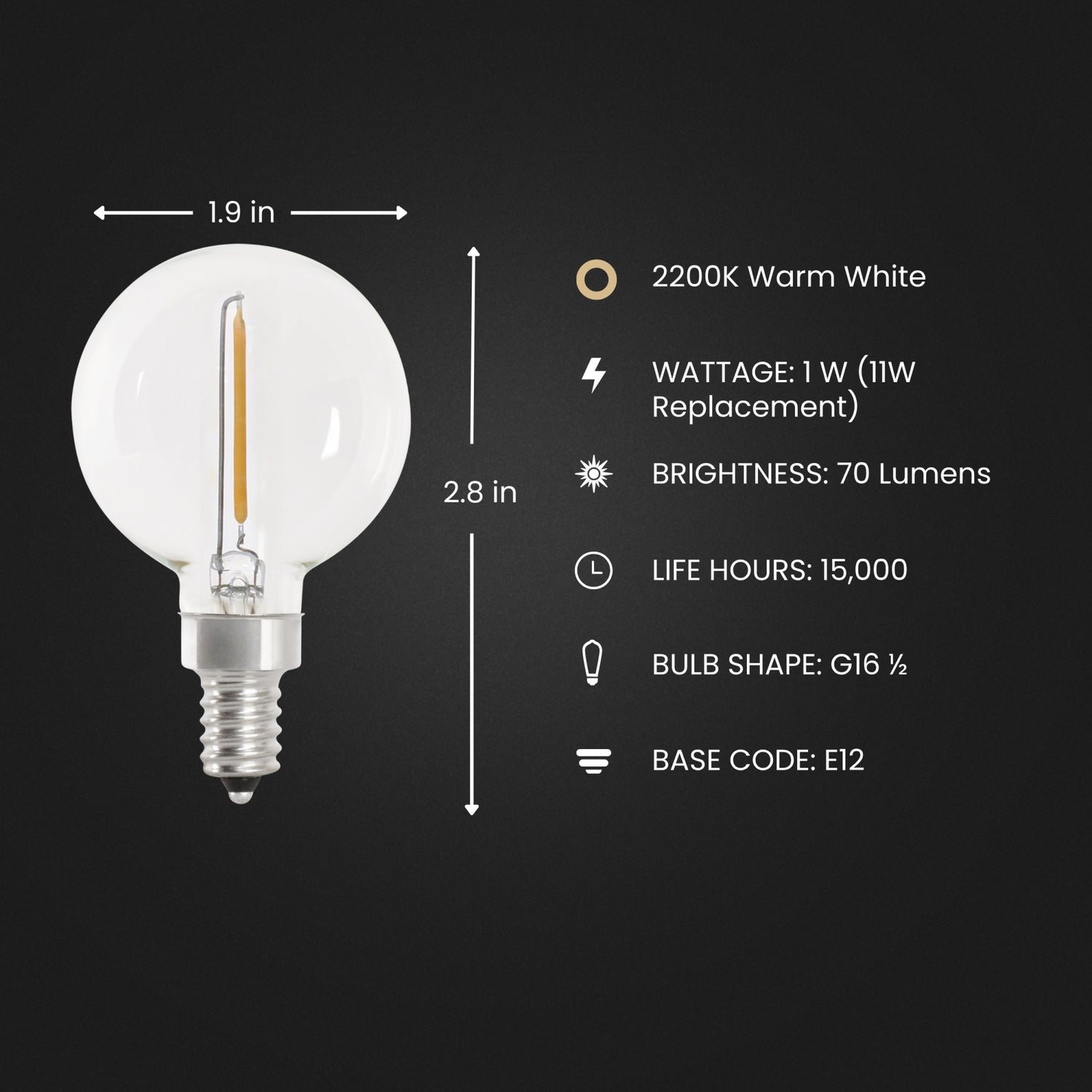 1W (11W Equivalent) Warm White (2200K) G16 ½ Candelabra Base (E12 Replacement) Globe String Light Replacement Bulb (4-Pack)