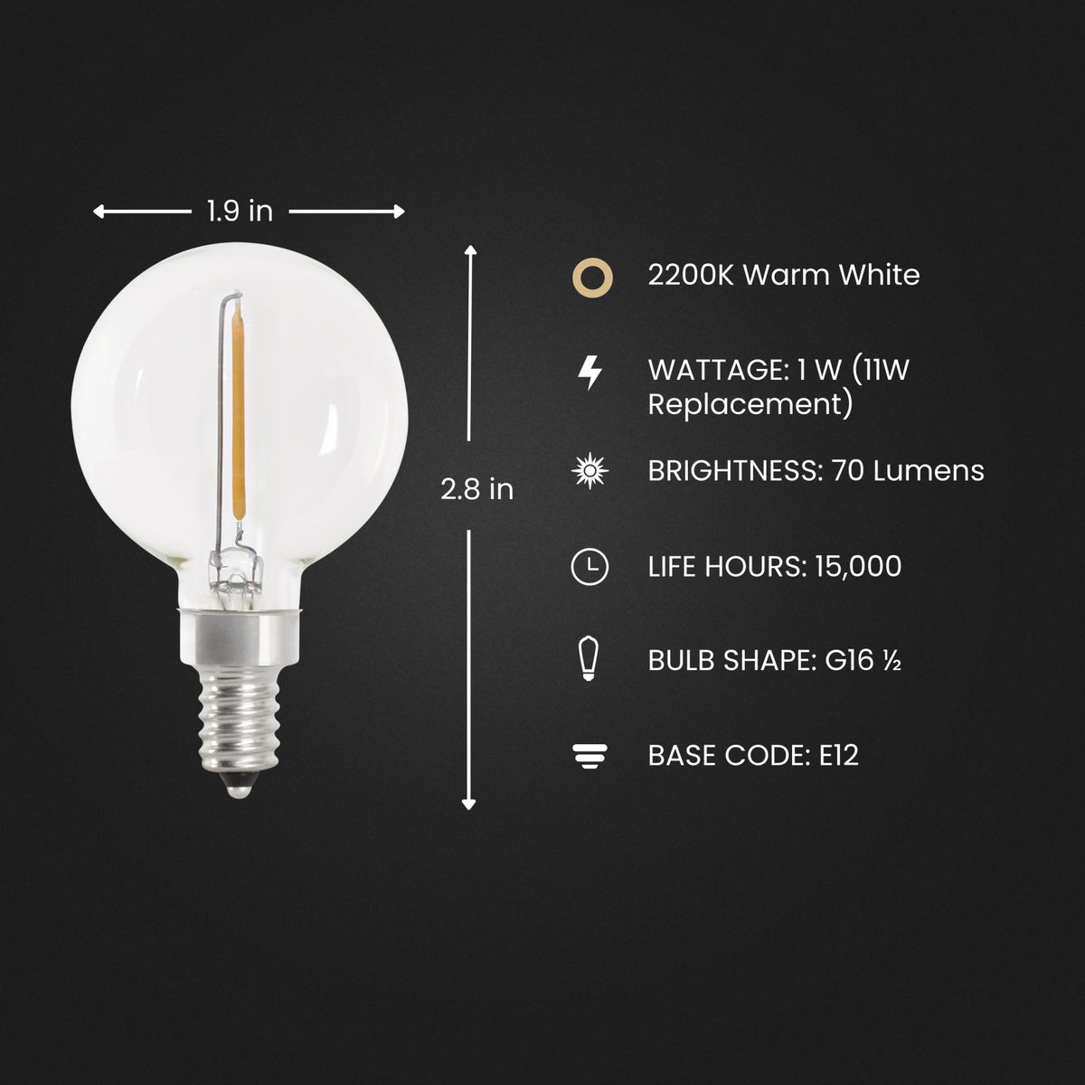 1W (11W Equivalent) Warm White (2200K) G16 ½ Candelabra Base (E12 Replacement) Globe String Light Replacement Bulb (4-Pack)
