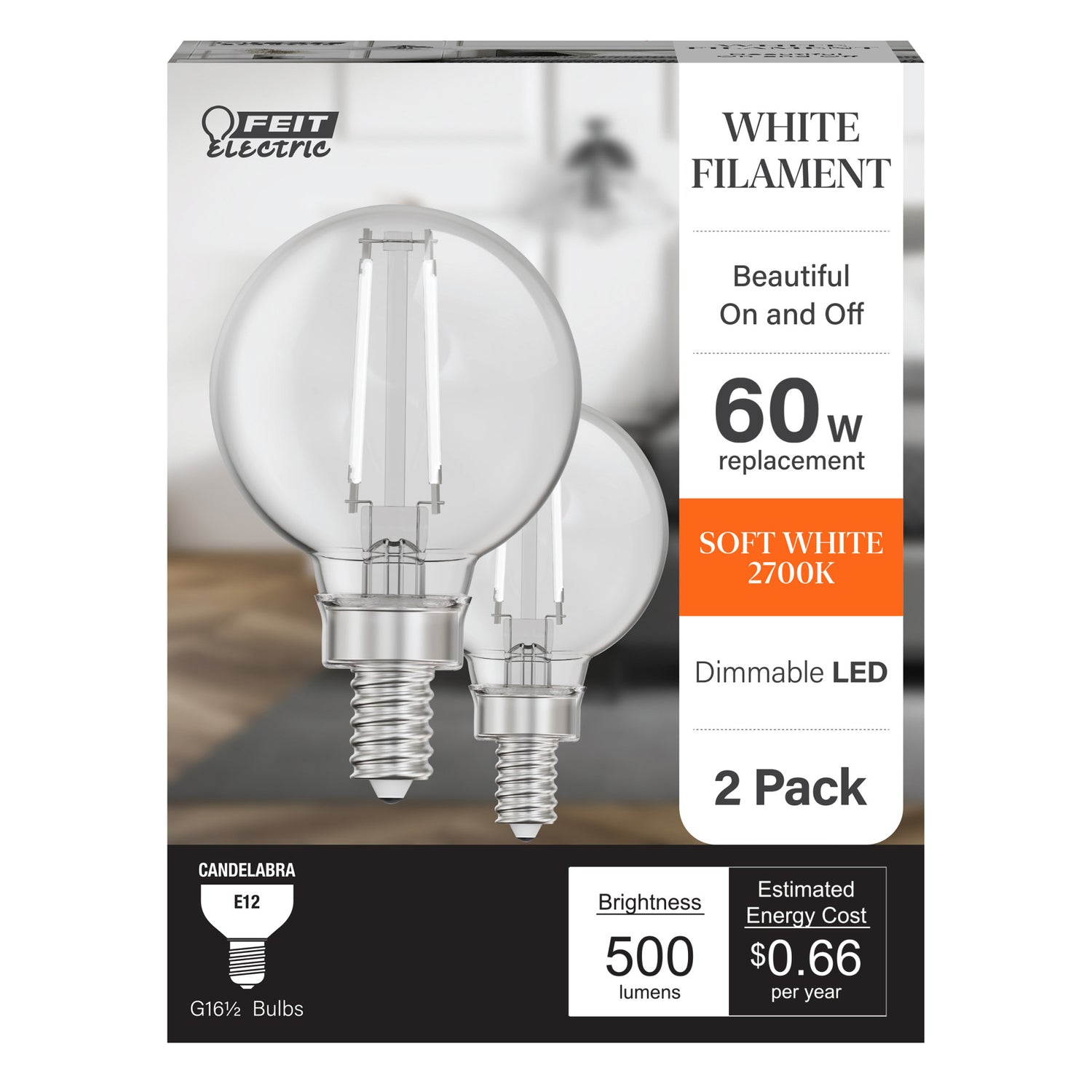 5.5W (60W Replacement) Soft White (2700K) G16 1/2 Globe Shape (E12 Base) Exposed White Filament LED Bulb (2-Pack)