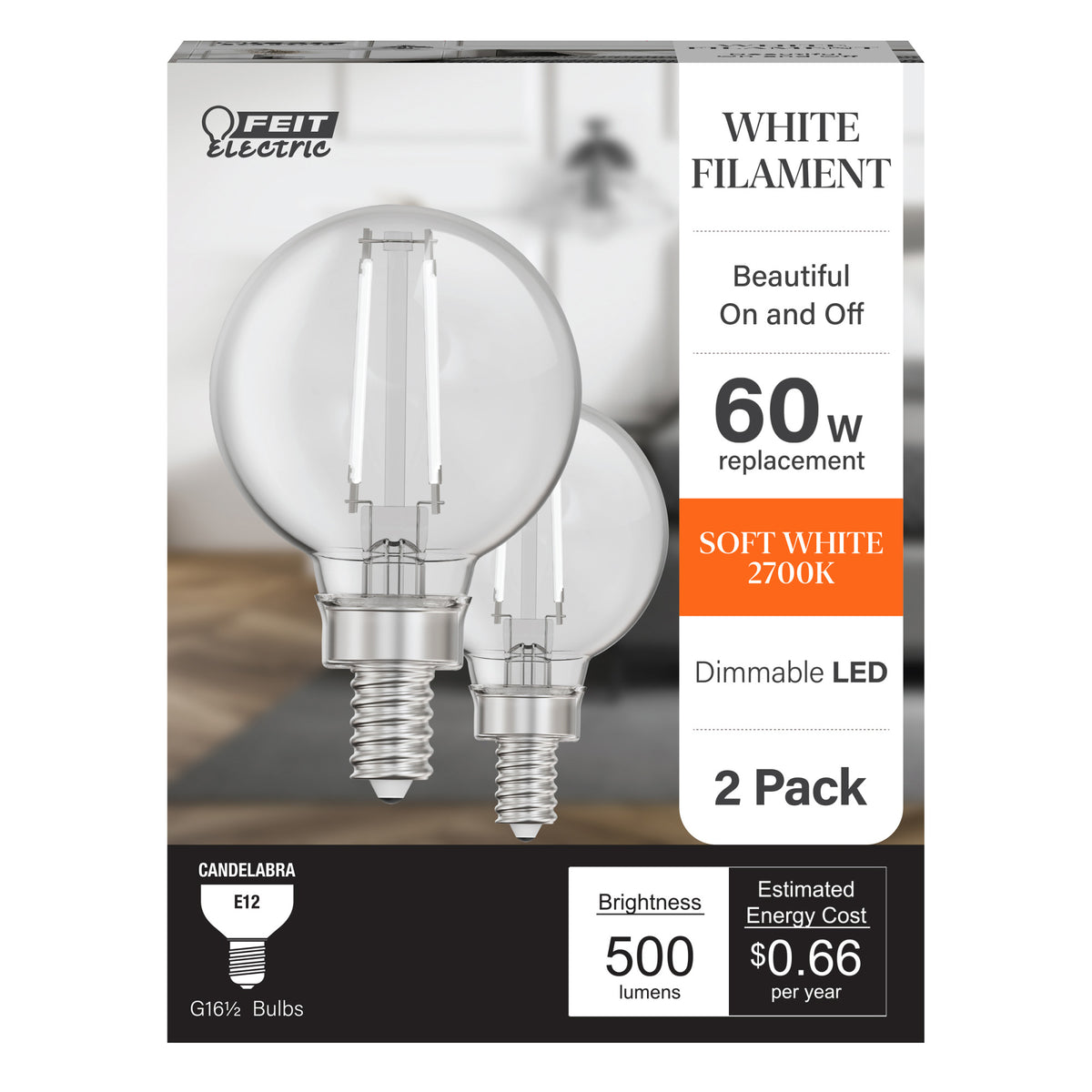 5.5W (60W Replacement) Soft White (2700K) G16 1/2 Globe Shape (E12 Base) Exposed White Filament LED Bulb (2-Pack)