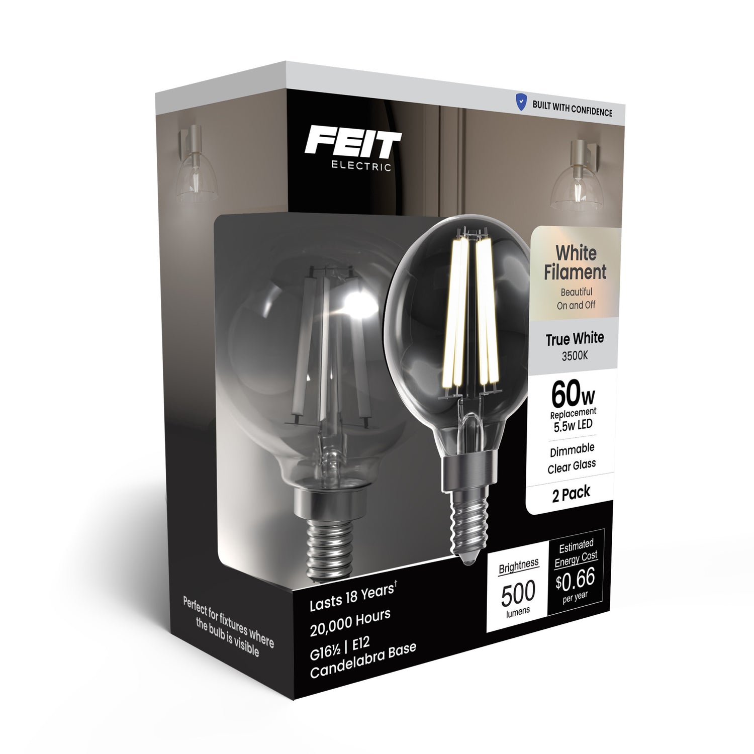 5.5W (60W Replacement) True White (3500K) G16 1/2 Globe Shape (E12 Base) Exposed White Filament LED Bulb (2-Pack)