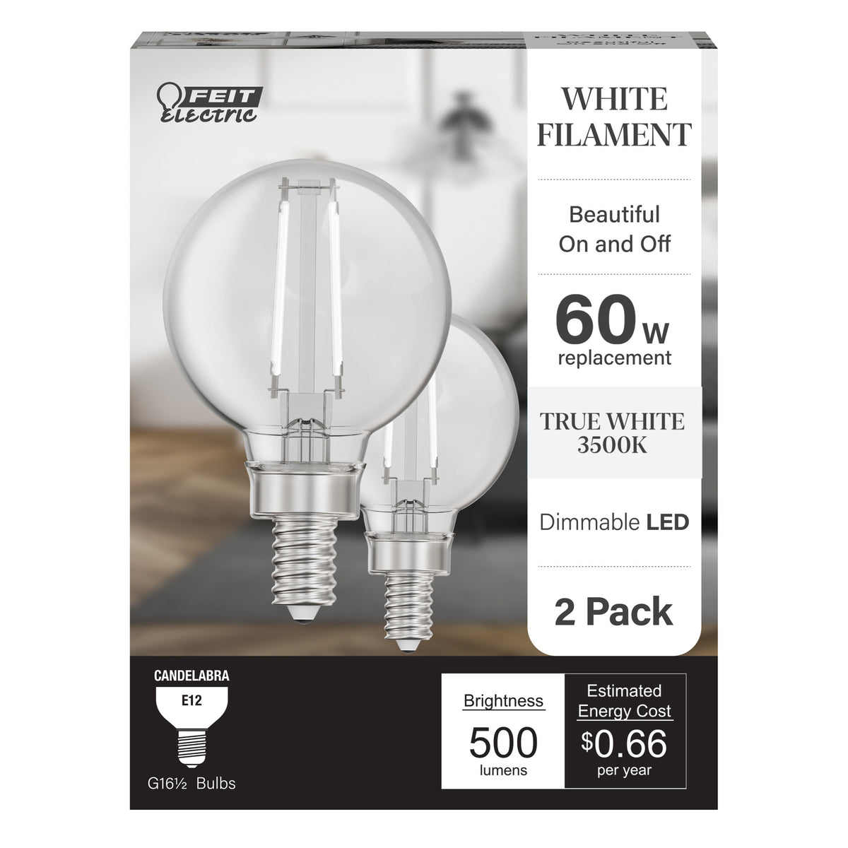 5.5W (60W Replacement) True White (3500K) G16 1/2 Globe Shape (E12 Base) Exposed White Filament LED Bulb (2-Pack)