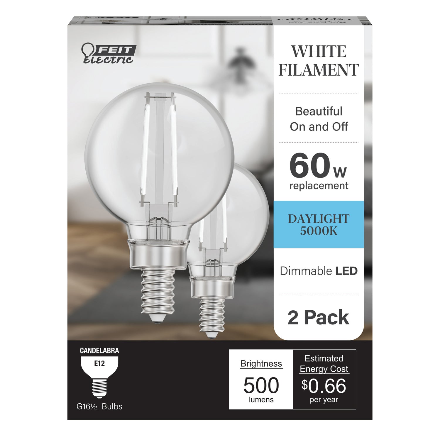 5.5W (60W Replacement) Daylight (5000K) G16 1/2 Globe Shape (E12 Base) Exposed White Filament LED Bulb (2-Pack)
