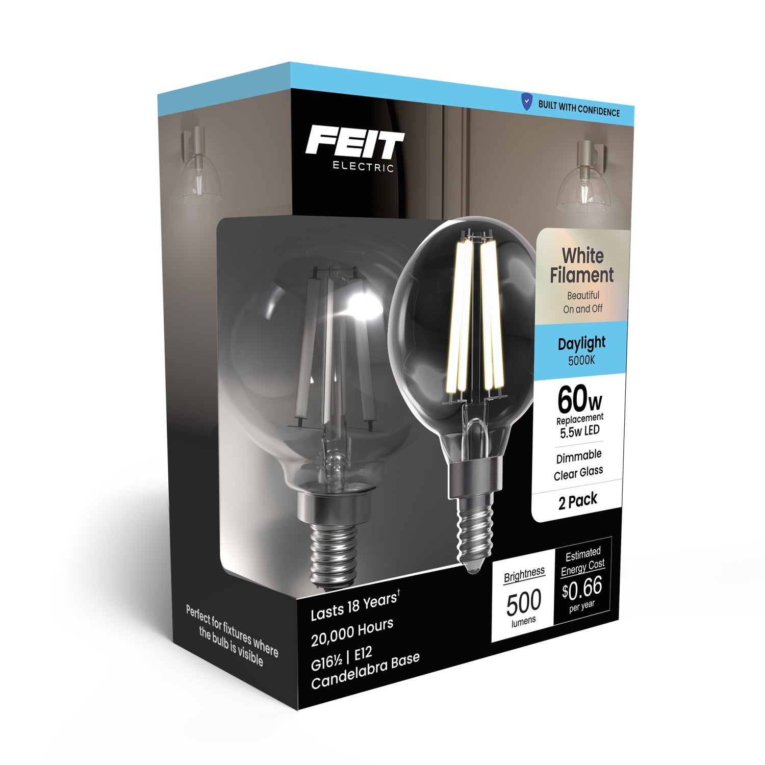 5.5W (60W Replacement) Daylight (5000K) G16 1/2 Globe Shape (E12 Base) Exposed White Filament LED Bulb (2-Pack)