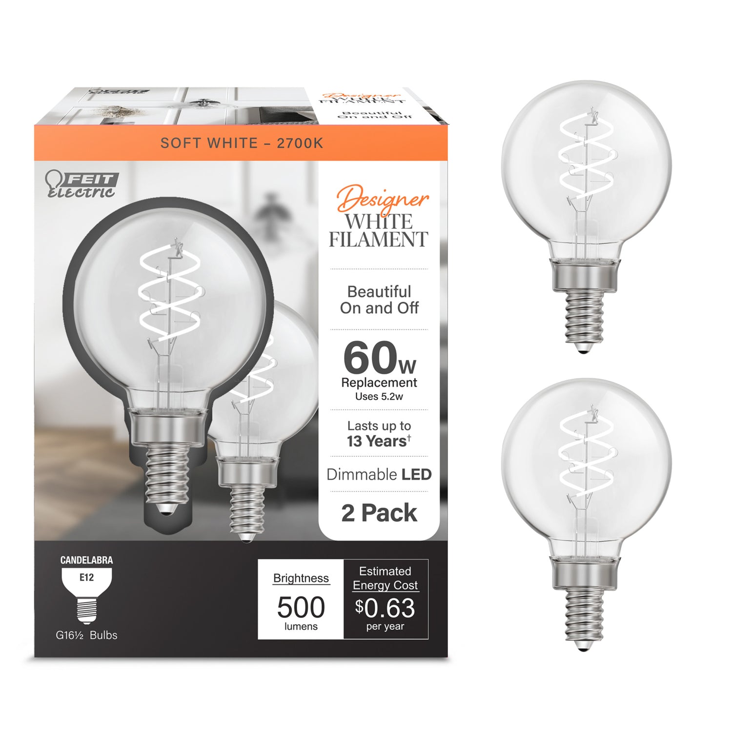 5.2W (60W Equivalent) Soft White (2700K) G16 1/2 Globe Shape (E12 Base) Spiral Exposed White Filament LED Bulb (2-Pack)