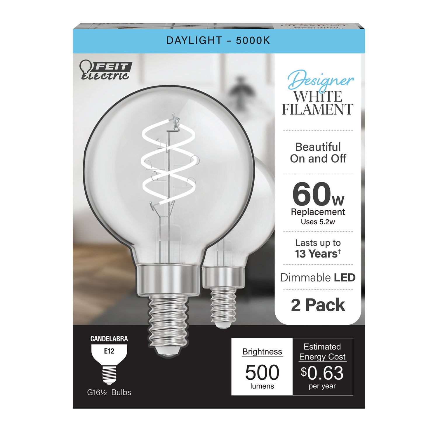 5.2W (60W Equivalent) Daylight (5000K) G16 1/2 Globe Shape (E12 Base) Spiral Designer White Filament LED Bulb (2-Pack)