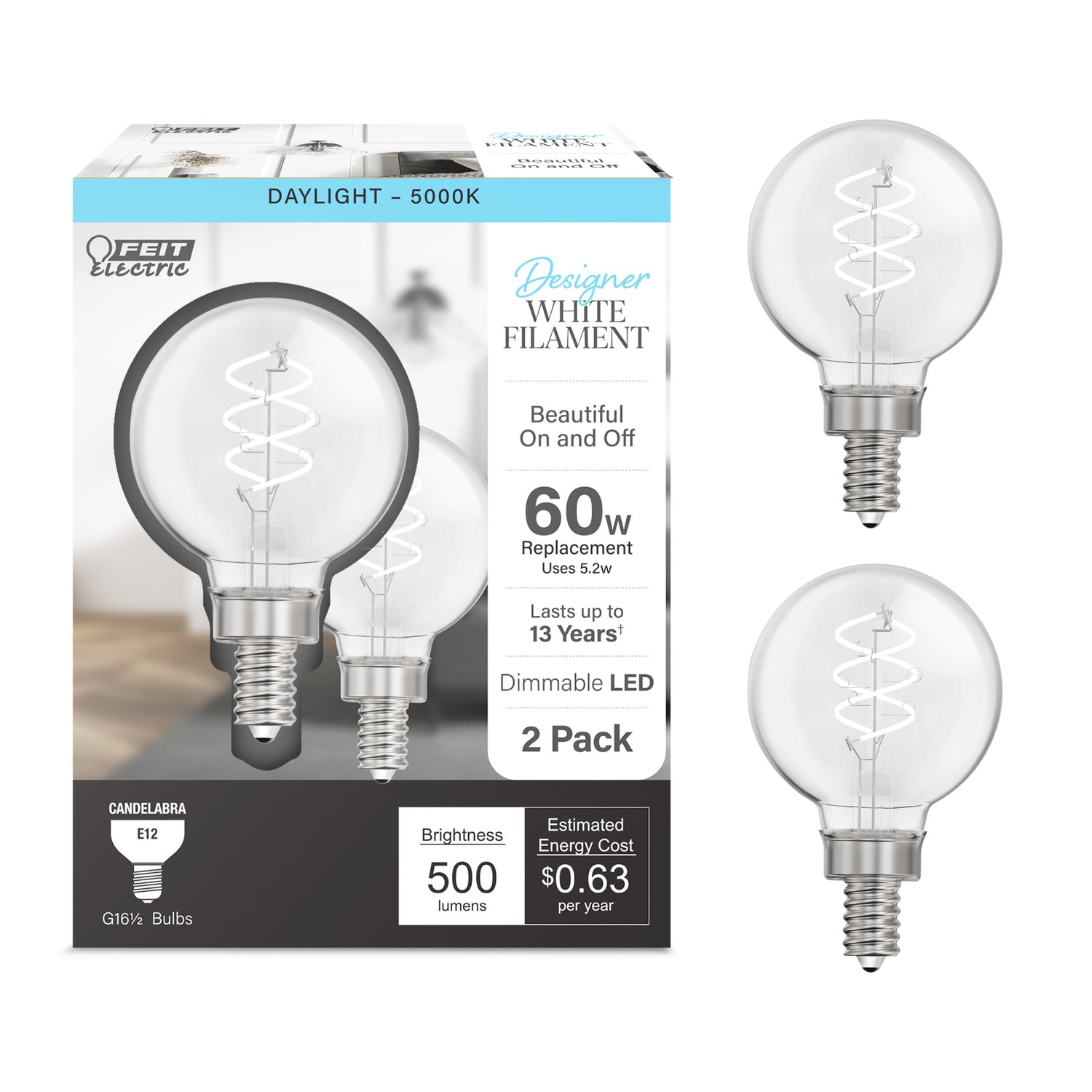 5.2W (60W Equivalent) Daylight (5000K) G16 1/2 Globe Shape (E12 Base) Spiral Designer White Filament LED Bulb (2-Pack)