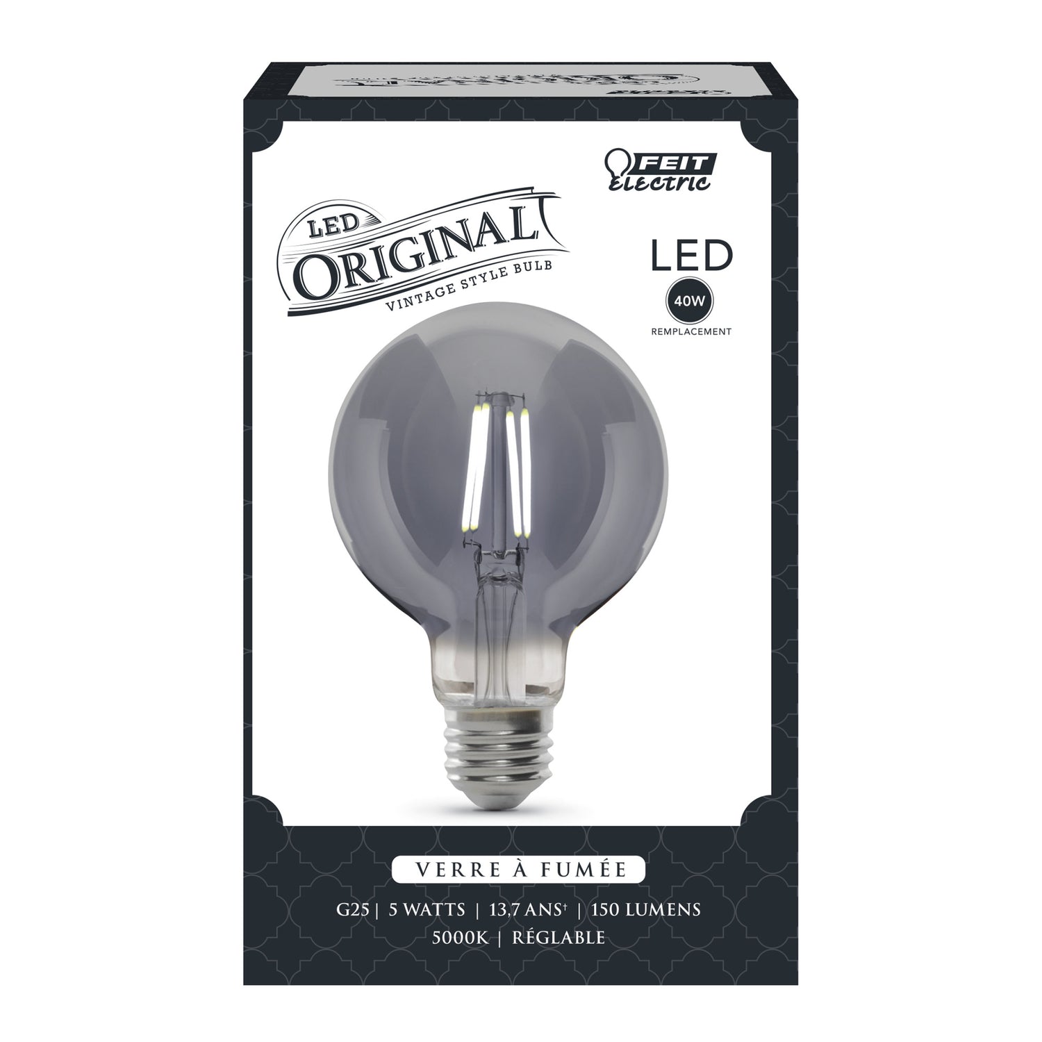 5W (40W Replacement) G25 E26 Dimmable Straight Filament Smoke Glass Vintage Edison LED Light Bulb, Daylight