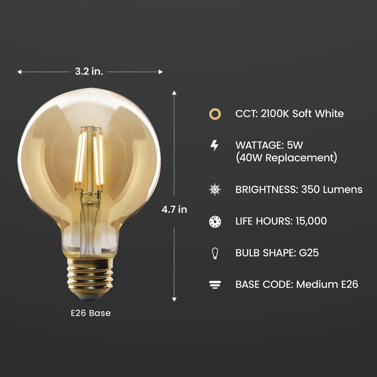 5W (40W Replacement) G25 E26 Dimmable Straight Filament Amber Glass Vintage Edison LED Light Bulb, Soft White
