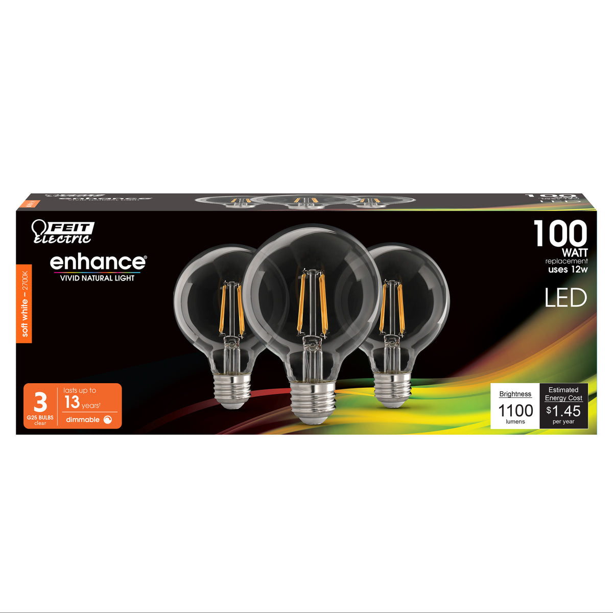 12W (100W Replacement) Soft White (2700K) E26 Base G25 Dimmable Filament LED (3-Pack)