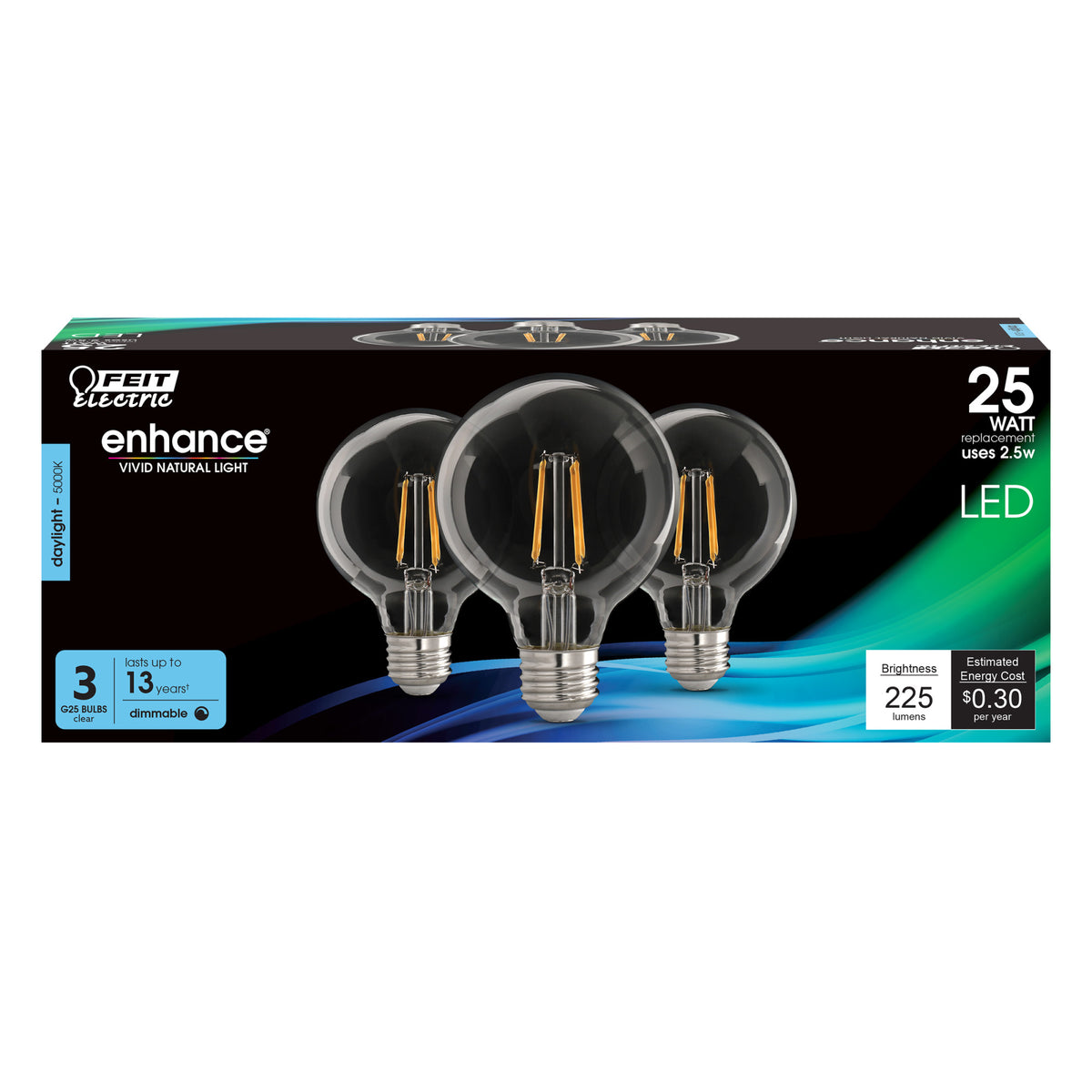 2.5W (25W Replacement) Daylight (5000K) E26 Base G25 Clear Filament LED Bulb (3-Pack)