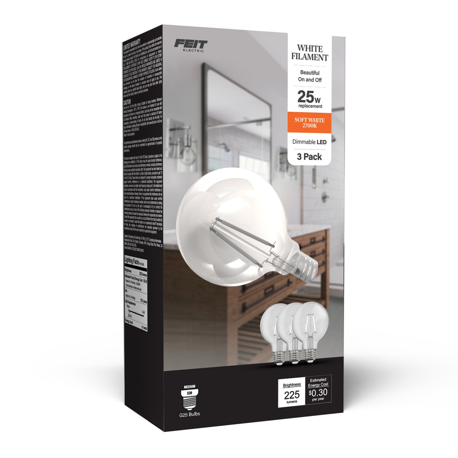 2.5W (25W Replacement) Soft White (2700K) Globe Shape (E26 Base) Exposed White Filament LED Bulb (3-Pack)