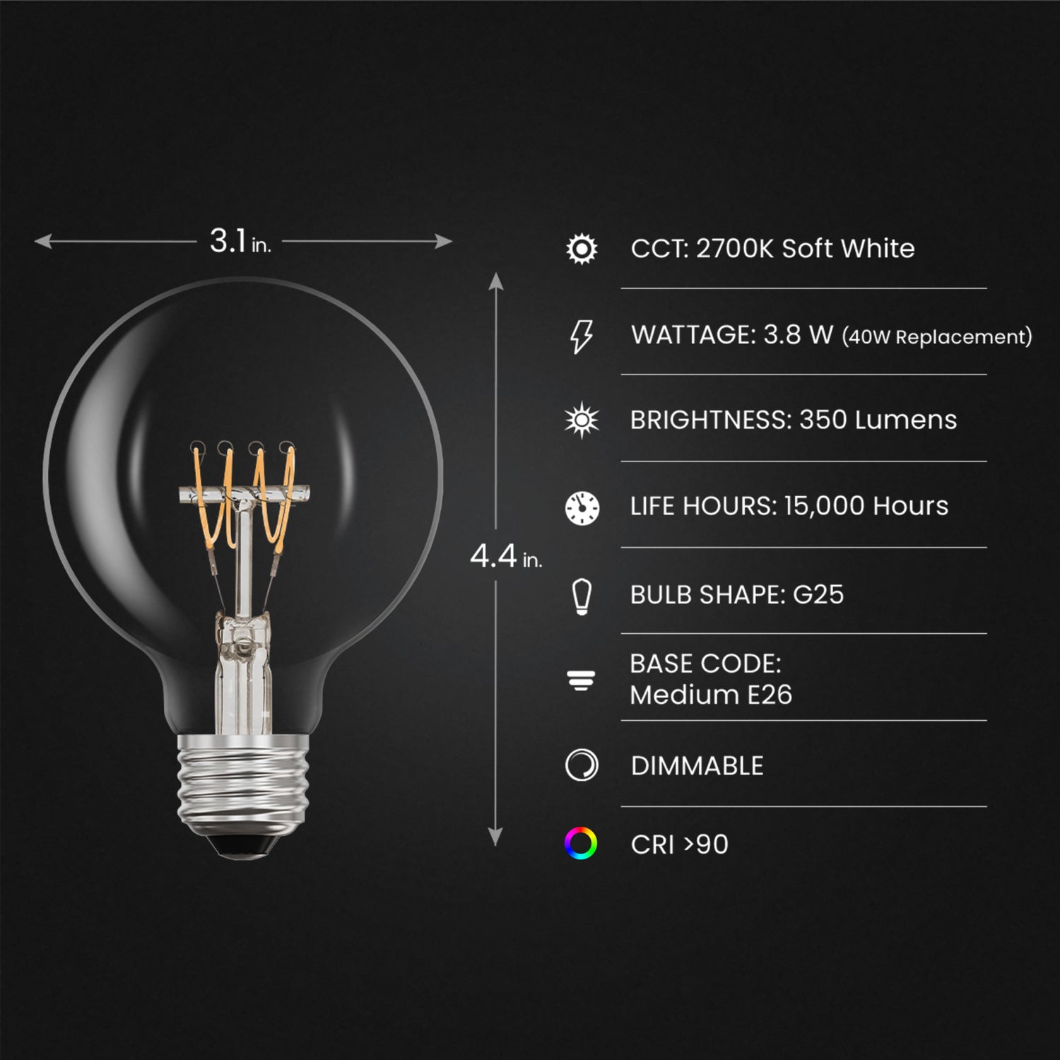3.8W (40W Equivalent) Soft White (2700K) G25 Globe Shape (E26 Replacement) Dimmable Thin Filament Clear Glass LED Light Bulb