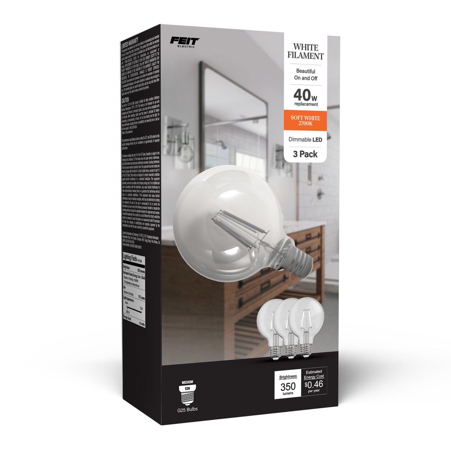 3.8W (40W Replacement) Soft White (2700K) Globe Shape (E26 Base) Exposed White Filament LED Bulb (3-Pack)