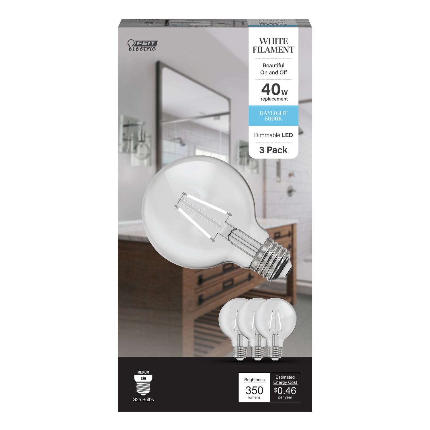 3.8W (40W Replacement) Daylight (5000K) Globe Shape (E26 Base) Exposed White Filament LED Bulb (3-Pack)