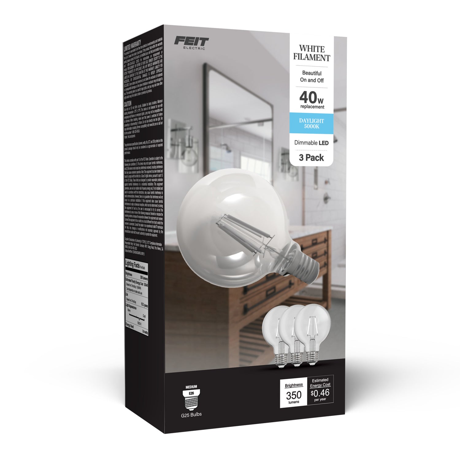 3.8W (40W Replacement) Daylight (5000K) Globe Shape (E26 Base) Exposed White Filament LED Bulb (3-Pack)