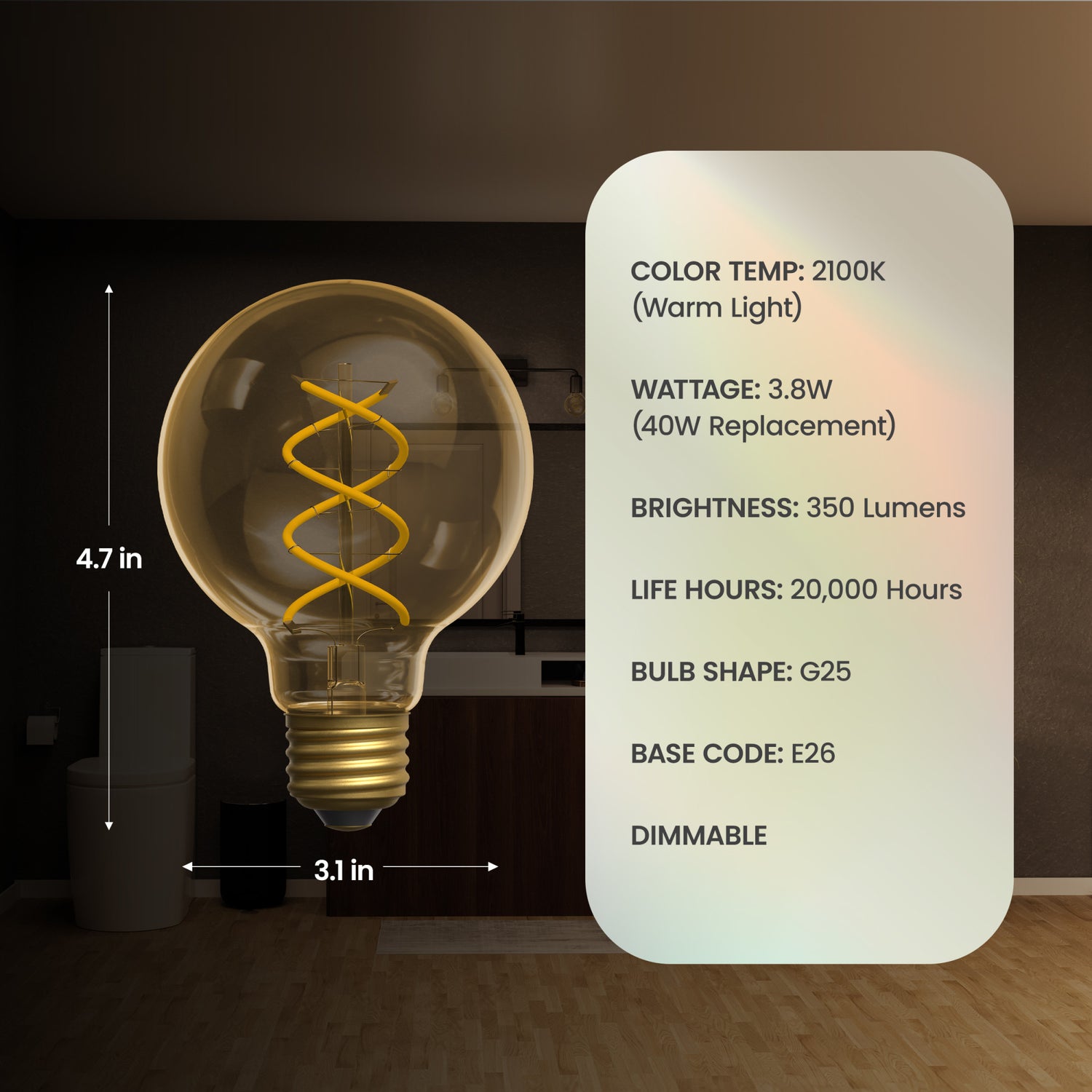 3.8W (40W Replacement) Amber G25 Globe E26 Dimmable Vintage Spiral Filament LED Bulb, Warm Light