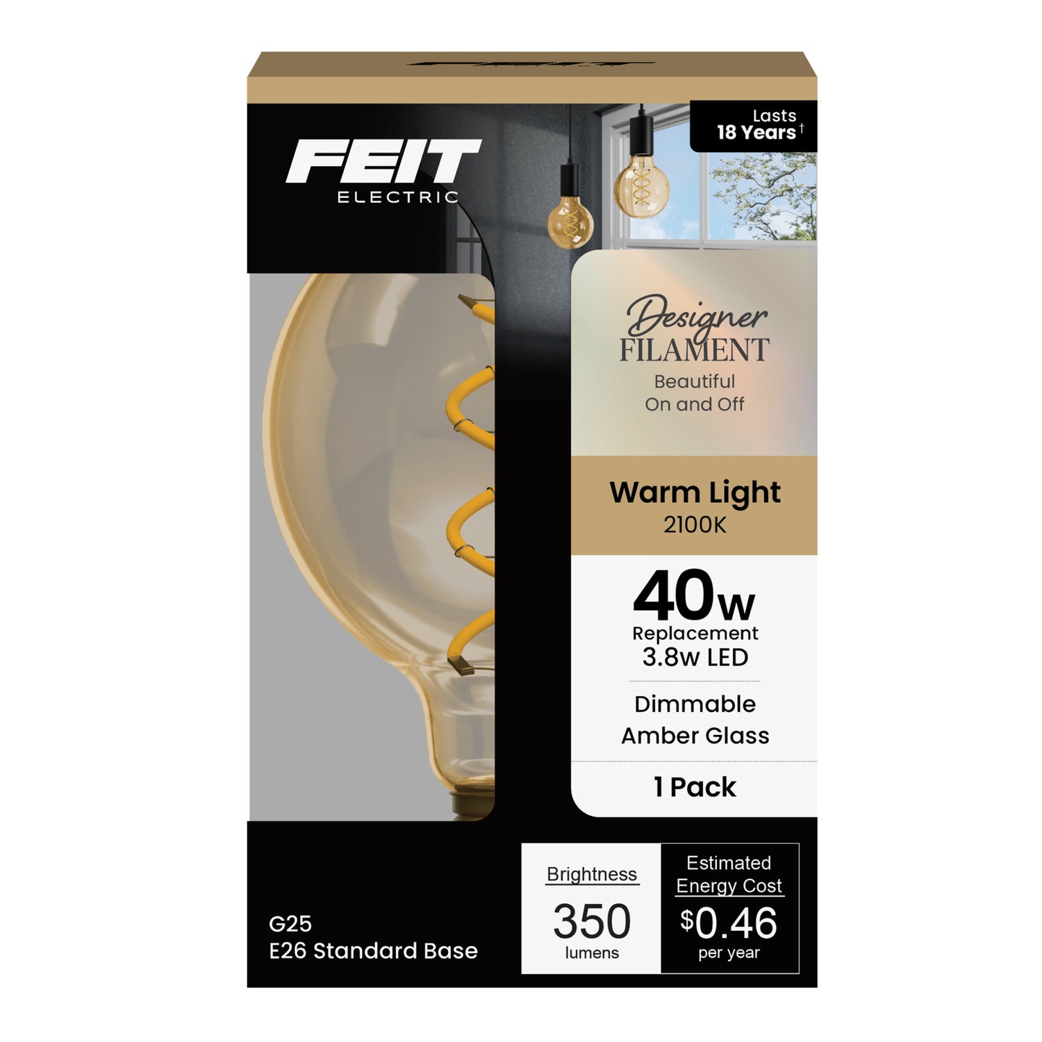 3.8W (40W Replacement) Amber G25 Globe E26 Dimmable Vintage Spiral Filament LED Bulb, Warm Light