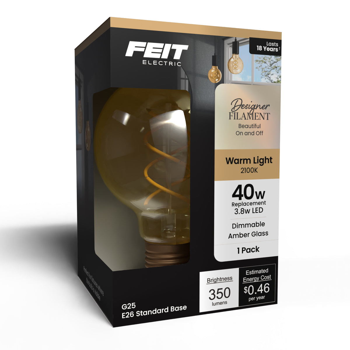 3.8W (40W Replacement) Amber G25 Globe E26 Dimmable Vintage Spiral Filament LED Bulb, Warm Light