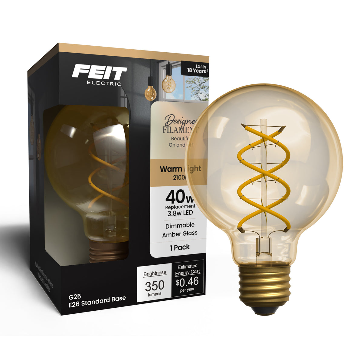3.8W (40W Replacement) Amber G25 Globe E26 Dimmable Vintage Spiral Filament LED Bulb, Warm Light