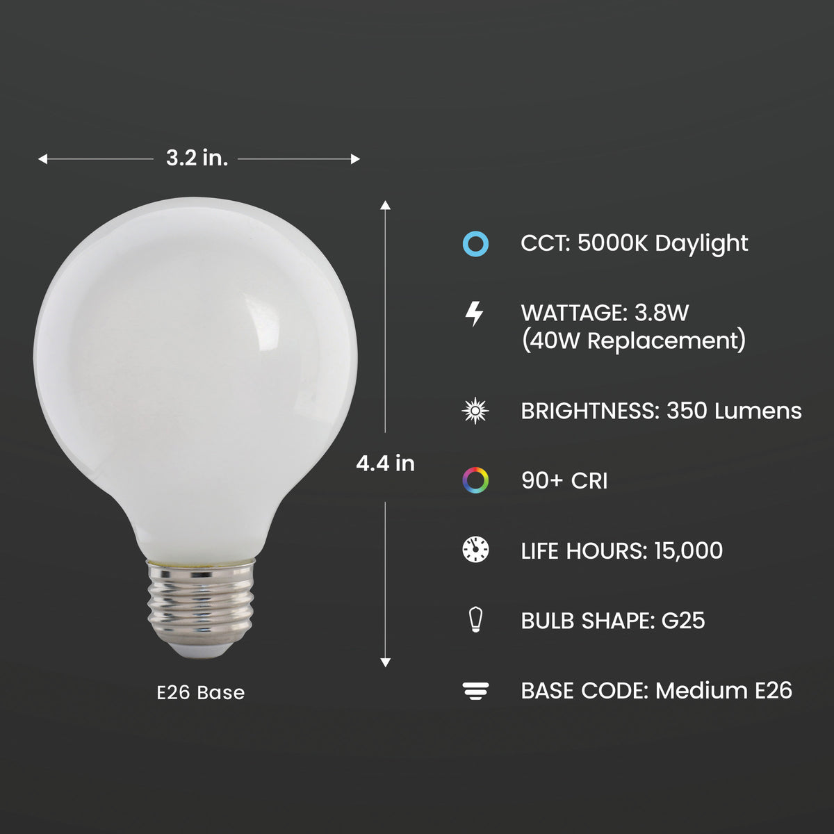 40W Replacement G25 Daylight Dimmable White Enhance Glass Filament Globe LED (3-Pack)