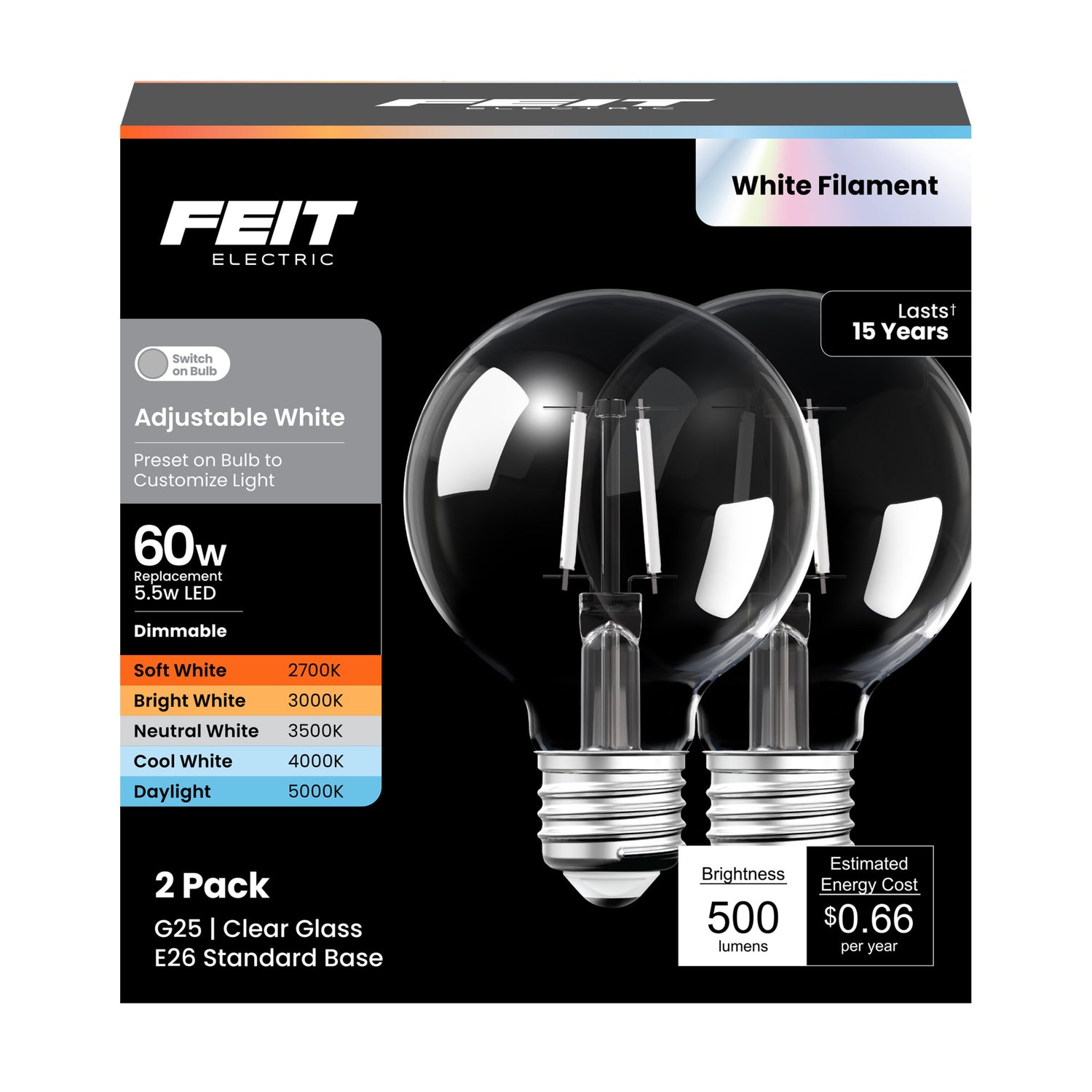 5.5W (60W Replacement) Adjustable White E26 Base Globe White Filament LED Bulb (2-Pack)
