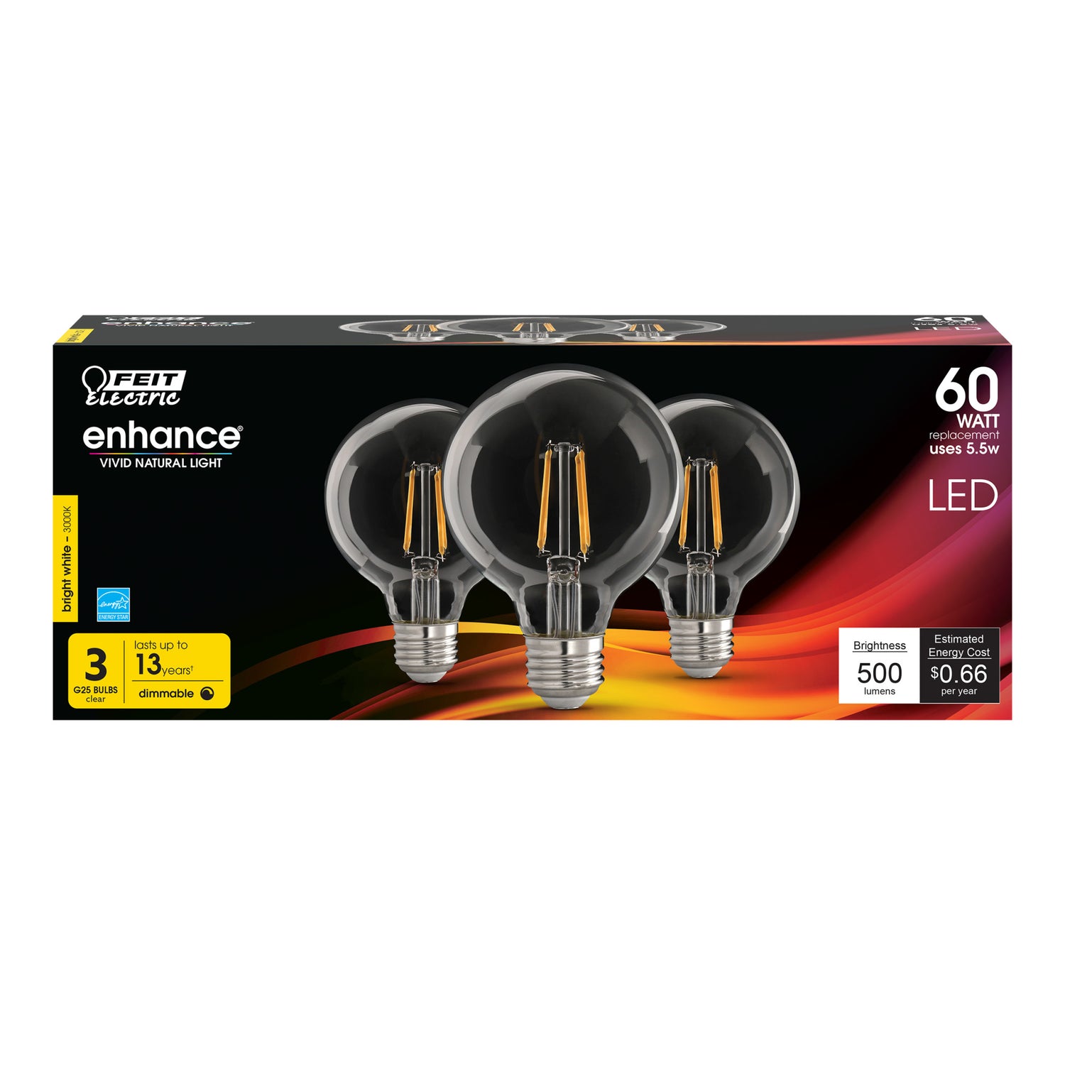 60W Replacement G25 Bright White Dimmable Enhance Glass Filament Globe LED (3-Pack)