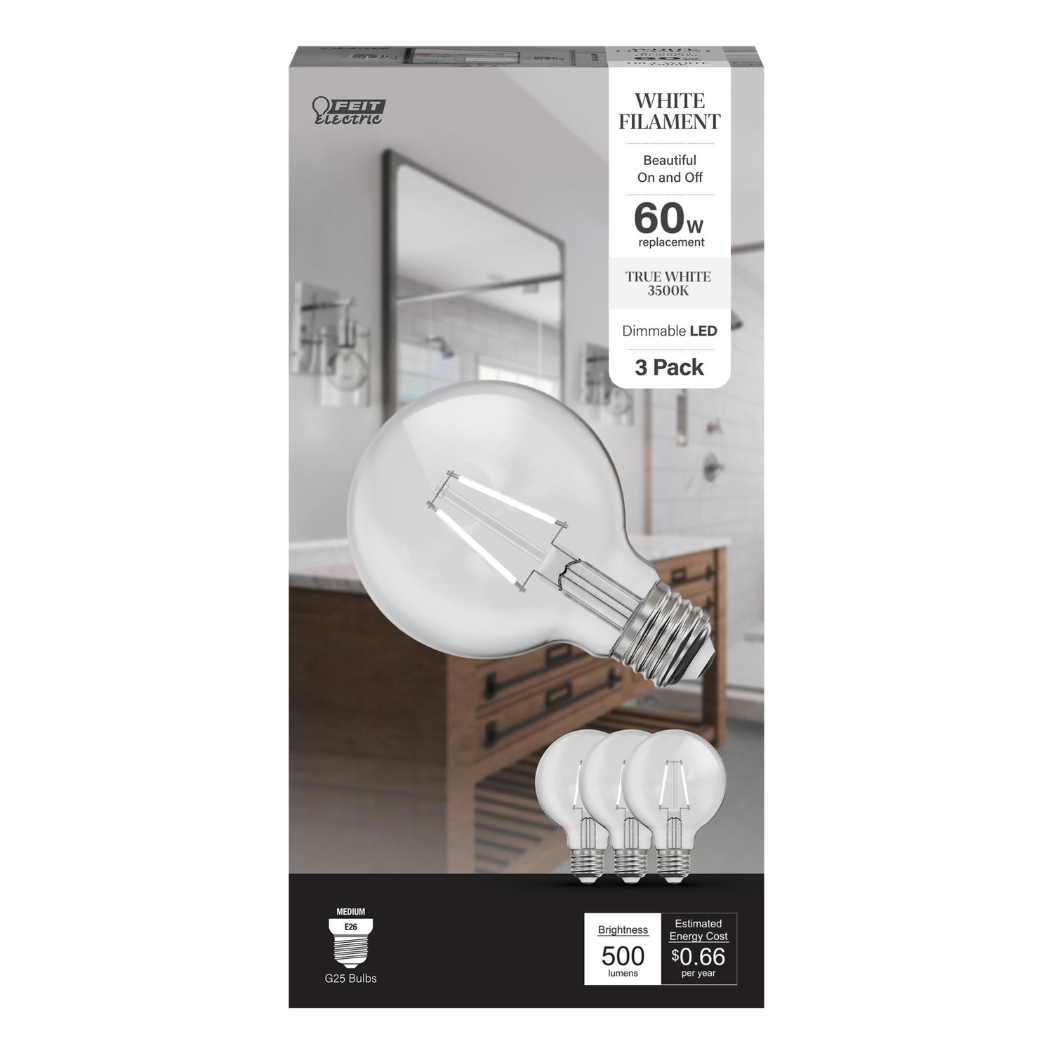 5.5W (60W Replacement) True White (3500K) Globe Shape (E26 Base) Exposed White Filament LED Bulb (3-Pack)