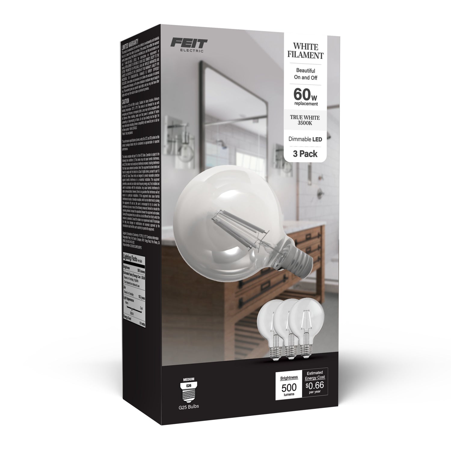 5.5W (60W Replacement) True White (3500K) Globe Shape (E26 Base) Exposed White Filament LED Bulb (3-Pack)
