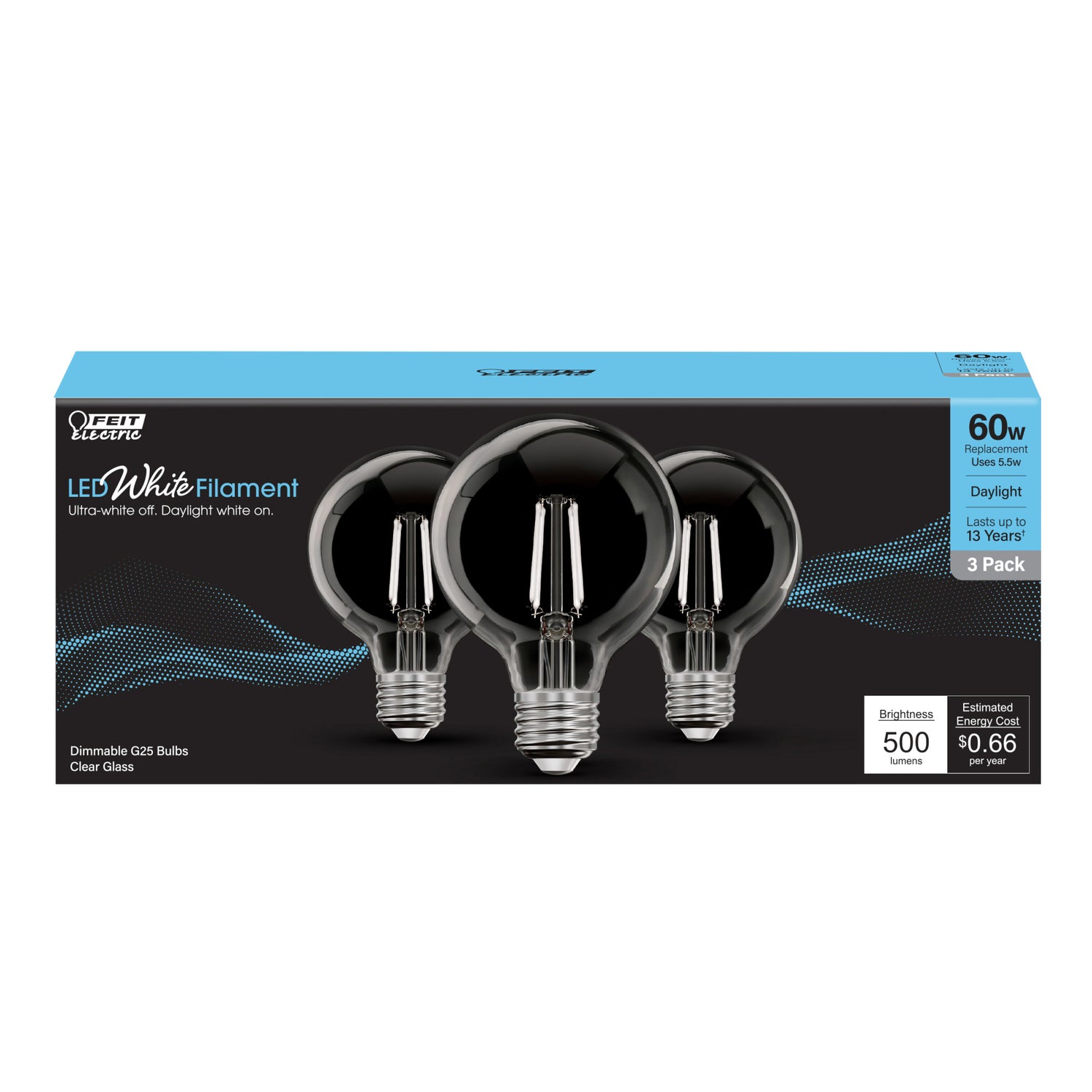 5.5W (60W Equivalent) Daylight (5000K) Globe Shape (E26 Base) Exposed White Filament LED Bulb (3-Pack)