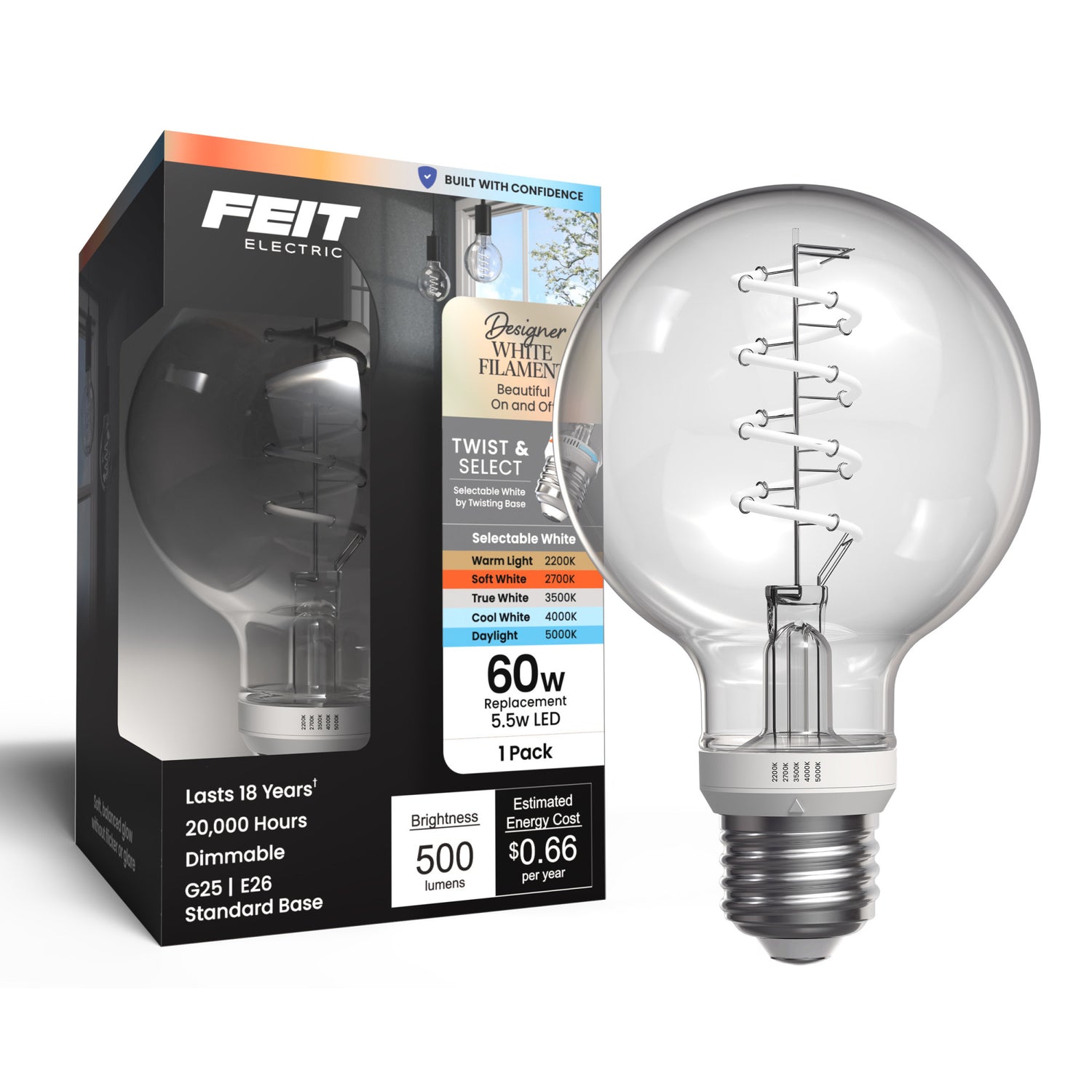5.5W (60W Replacement) Twist & Select G25 Globe E26 Dimmable Spiral White Filament Clear Glass Globe LED Bulb