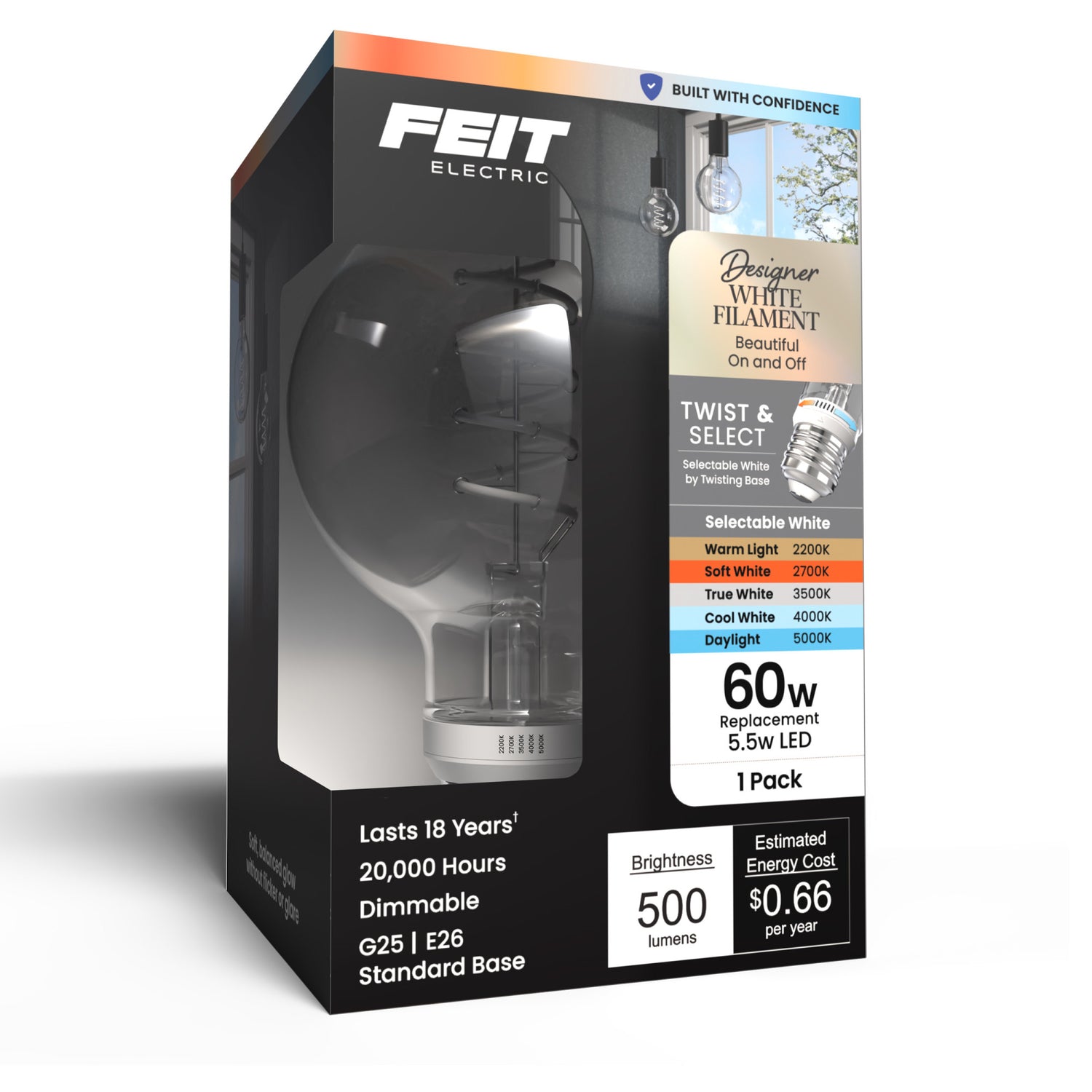 5.5W (60W Replacement) Twist & Select G25 Globe E26 Dimmable Spiral White Filament Clear Glass Globe LED Bulb