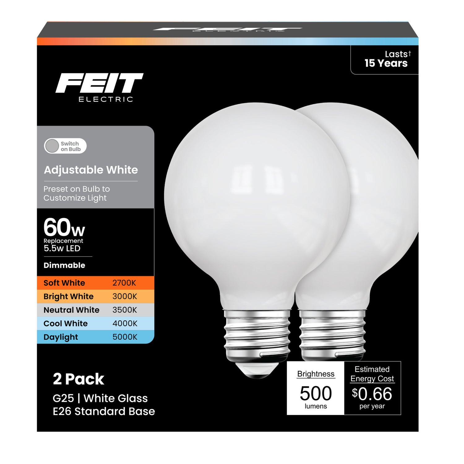 5.5W (60W Replacement) Adjustable White G25 Dimmable LED Enhance Frosted Globe Glass Filament Light Bulb (2-Pack)