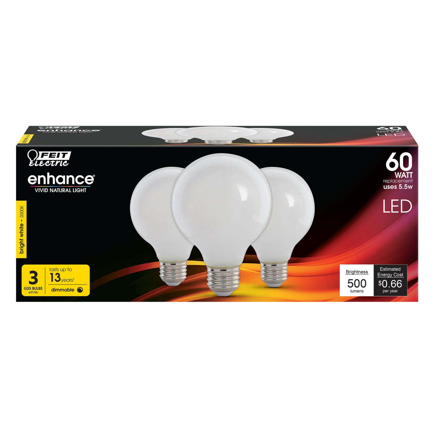 5.5W (60W Replacement) E26 Base Bright White (3000K) G25 Dimmable Frost Filament LED Light Bulb  (3-Pack)