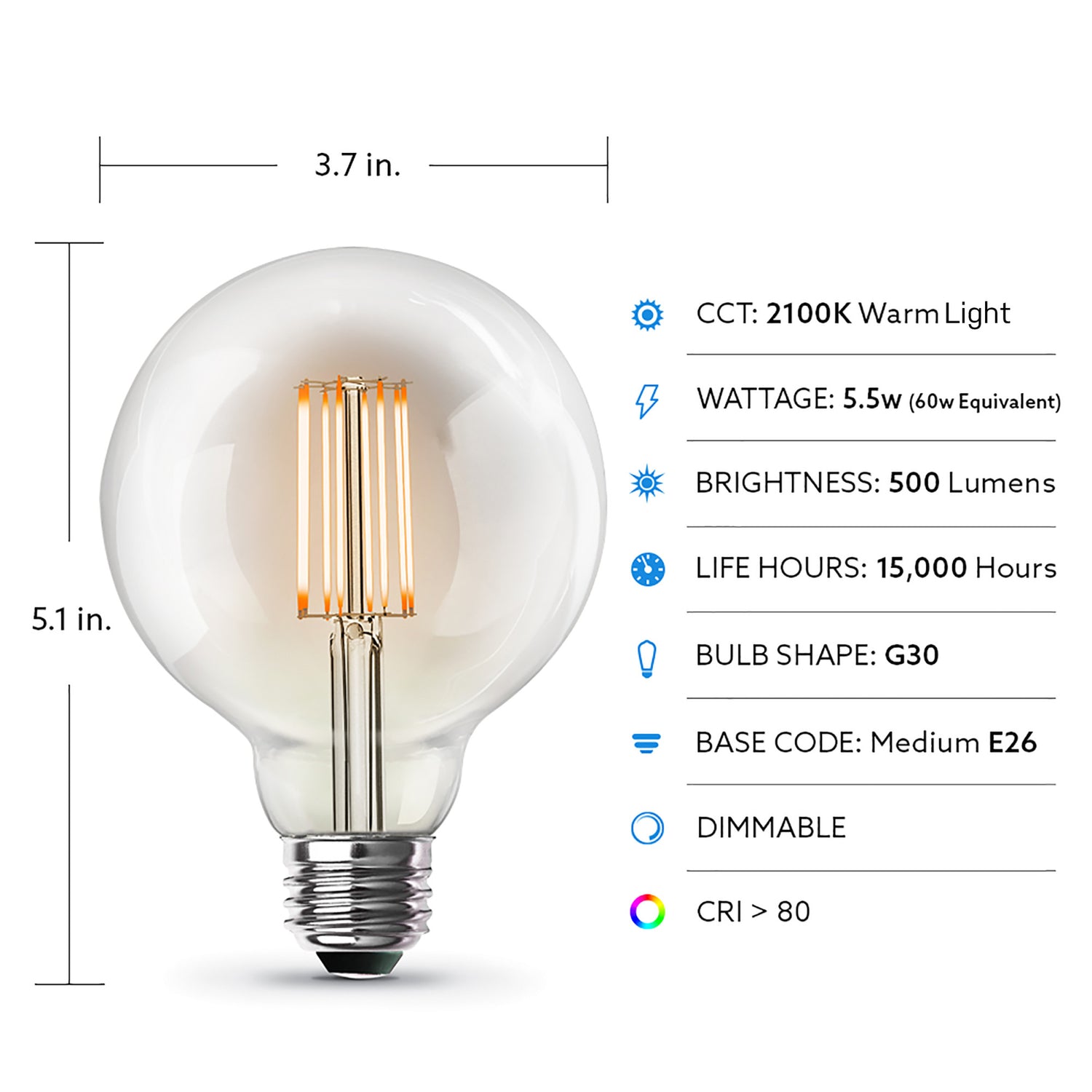 5.5W (60W Replacement) G30 E26 Dimmable Cage Filament Clear Glass Vintage Edison LED Light Bulb, Warm Light