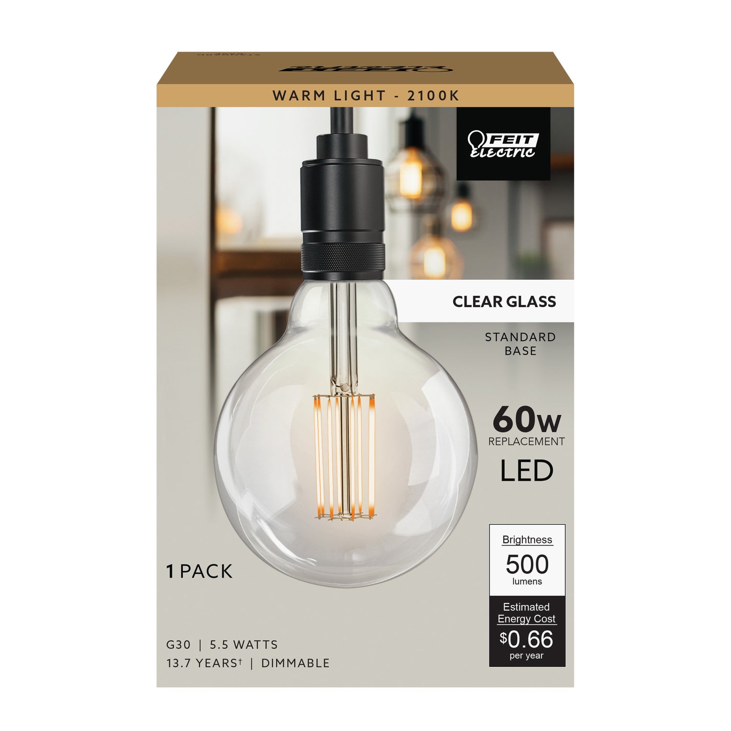 5.5W (60W Replacement) G30 E26 Dimmable Cage Filament Clear Glass Vintage Edison LED Light Bulb, Warm Light