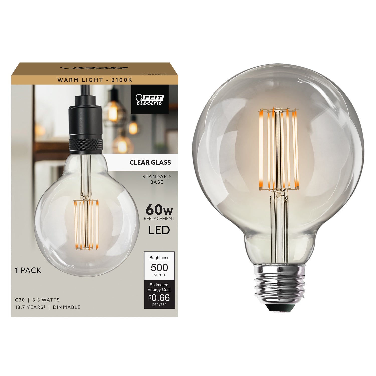 5.5W (60W Replacement) G30 E26 Dimmable Cage Filament Clear Glass Vintage Edison LED Light Bulb, Warm Light