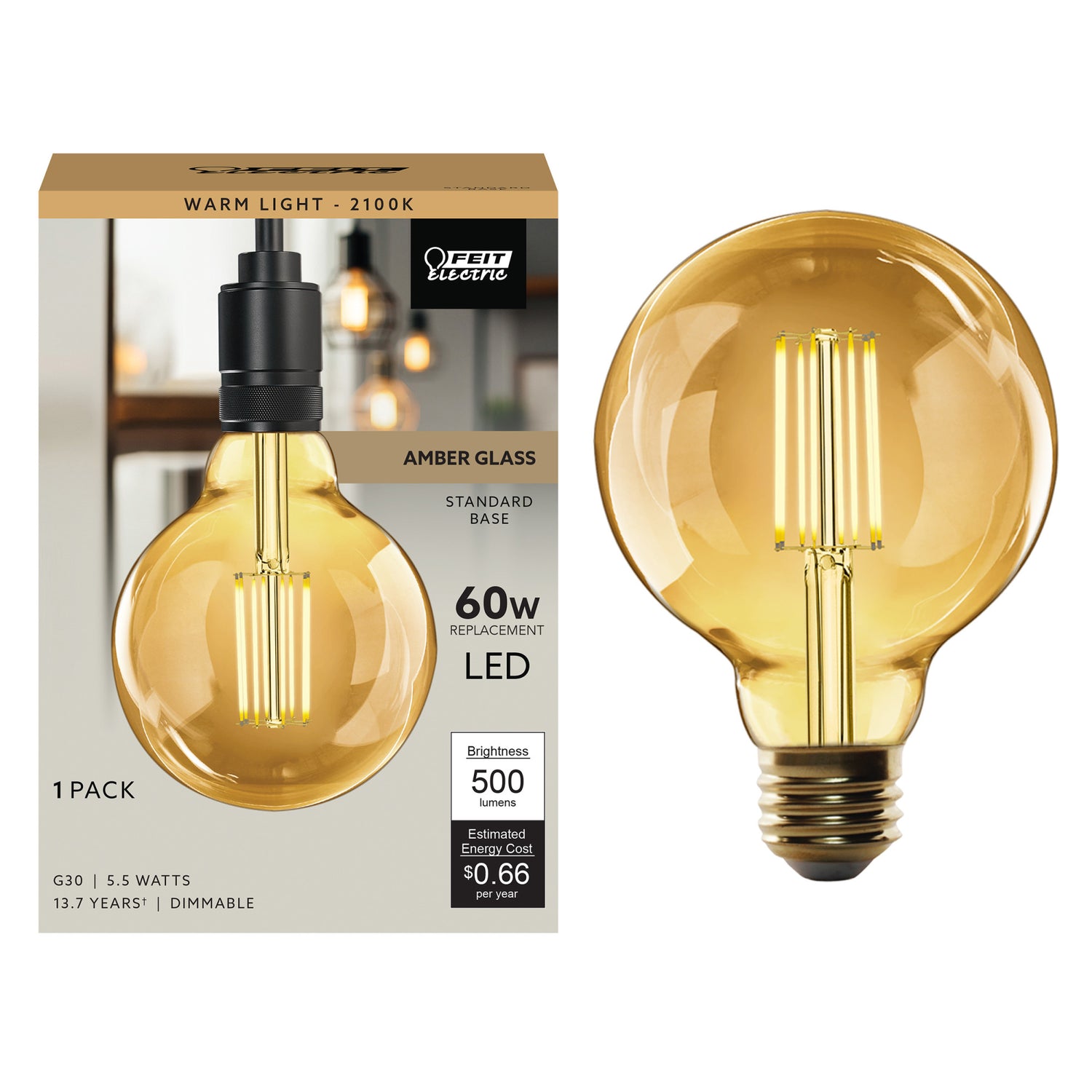 5.5W (60W Replacement) G30 E26 Cage Filament Amber Glass Vintage Edison LED Light Bulb, Warm Light