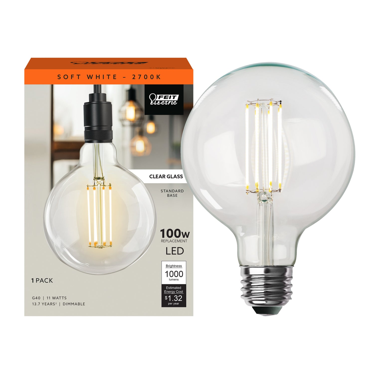 11W (100W Replacement) G40 E26 Dimmable Straight Filament Clear Glass Vintage Edison LED Light Bulb, Soft White