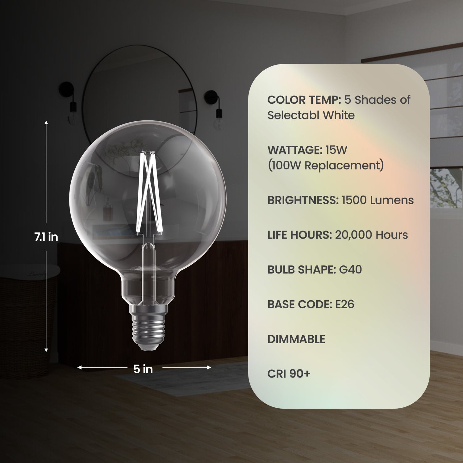 15W (100W Replacement) G40 Globe E26 Dimmable White Filament Clear Globe LED Bulb, Selectable White